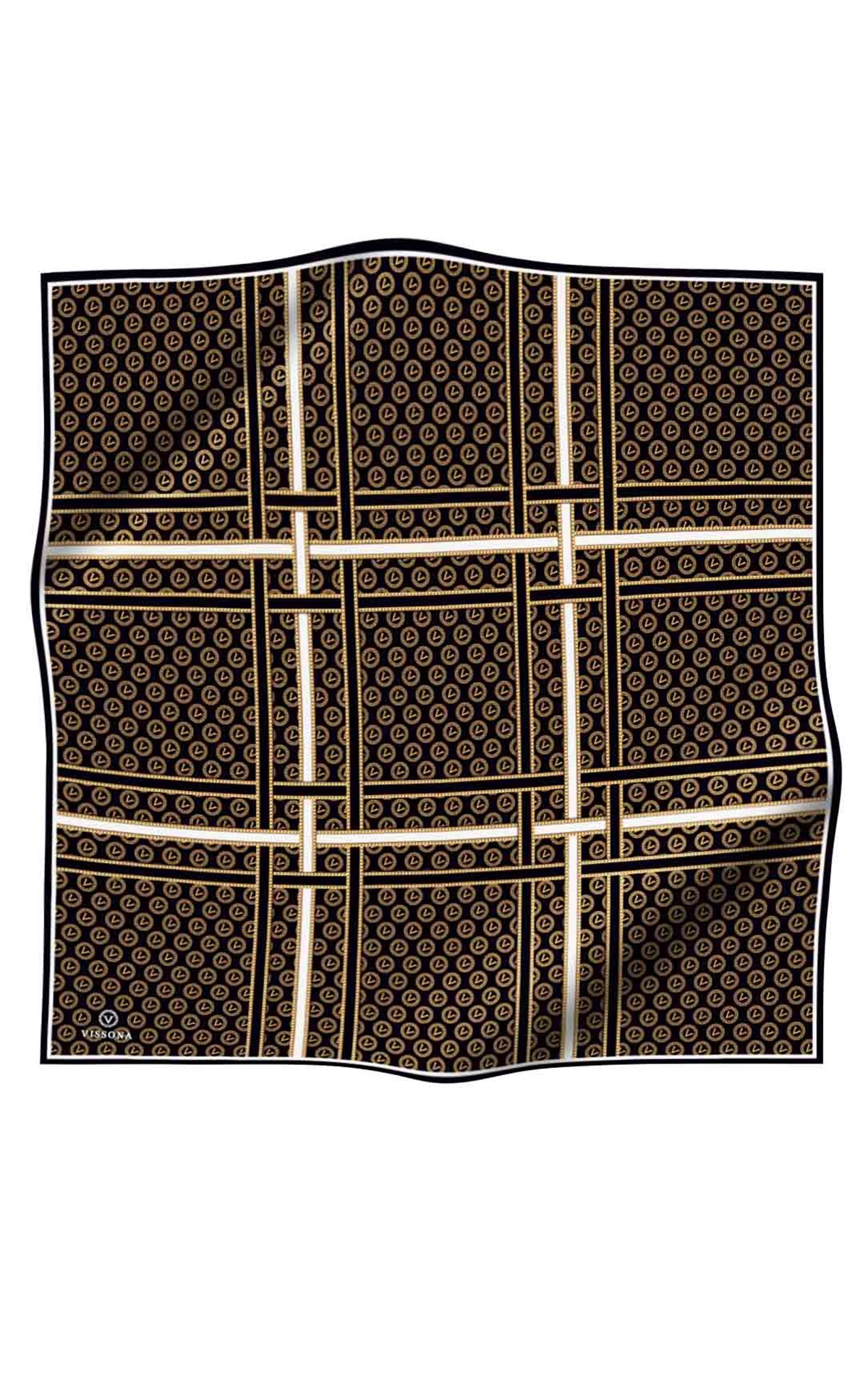 %100 Twill İpek Gold Şeritli Monogram Desenli Siyah - Gold Renkli 90x90 Eşarp Dikim Şekli : El Dikişi