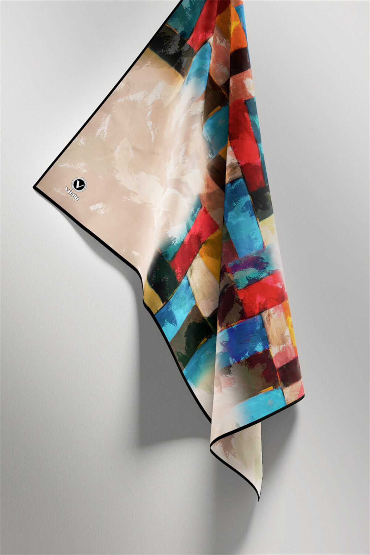 Twill Yağlı Boya Desenli Petrol Mavisi Renkli 90x90 Eşarp (İpek İçermez) Kenar Dikiş Şekli El Dikişli