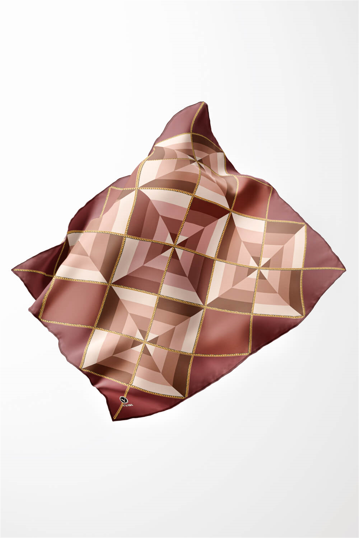 Twill Geometrik Desenli Gül Kurusu Renkli 90x90 Eşarp (İpek İçermez) Kenar Dikiş Şekli El Dikişli