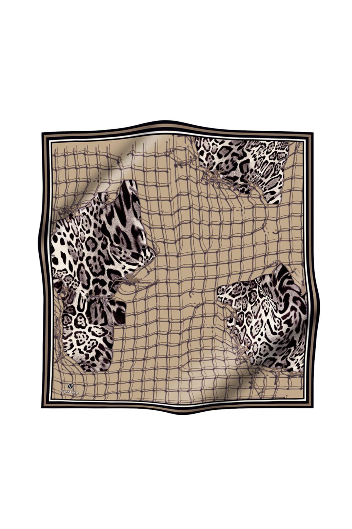 %100 Twill İpek Leopar Desenli Bej Renkli 90x90 Eşarp Dikim Şekli : El Dikişi