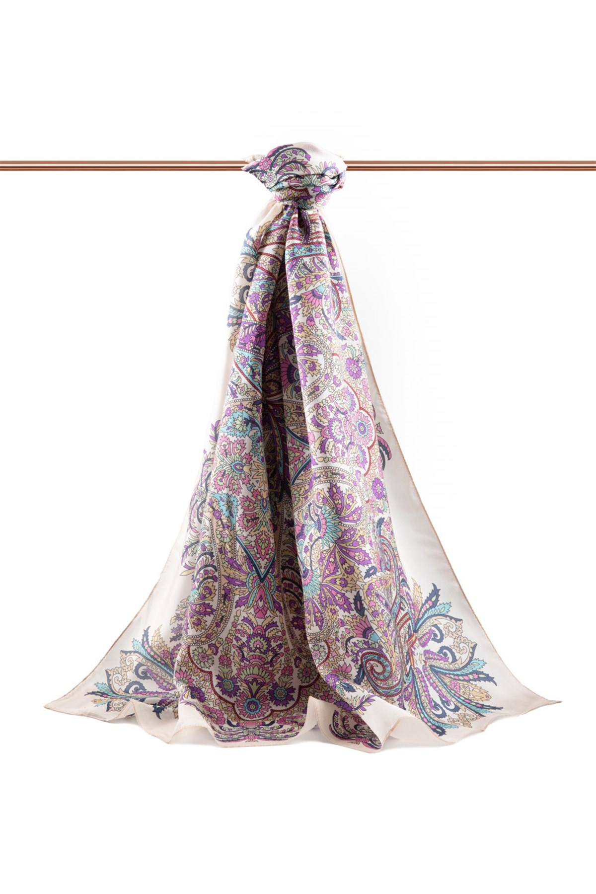 100% İpek Etro Desenli Bej - Mor Renkli 92x210 Şal