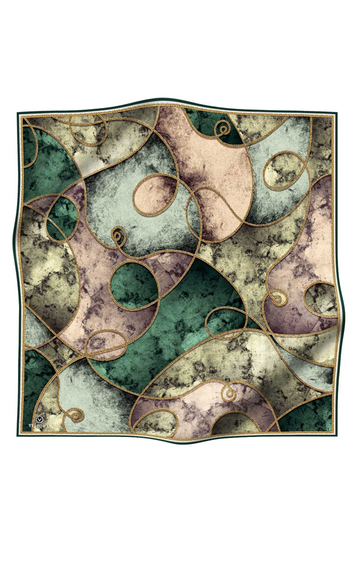 % 57 İPEK % 43 VİSKON Twill İpek Zincirli Mermer Desenli Zümrüt Yeşili - Haki Renkli 90x90 Eşarp Dikim Şekli : El Dikişi