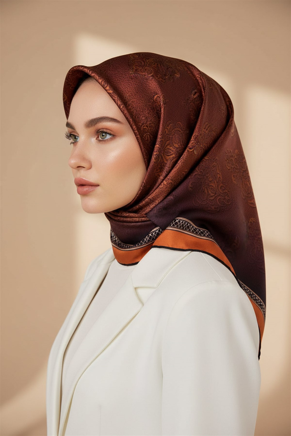 % 57 İPEK % 43 VİSKON Twill Barok Desenli Taba Renkli 90x90 Eşarp Dikim Şekli: El Dikişi