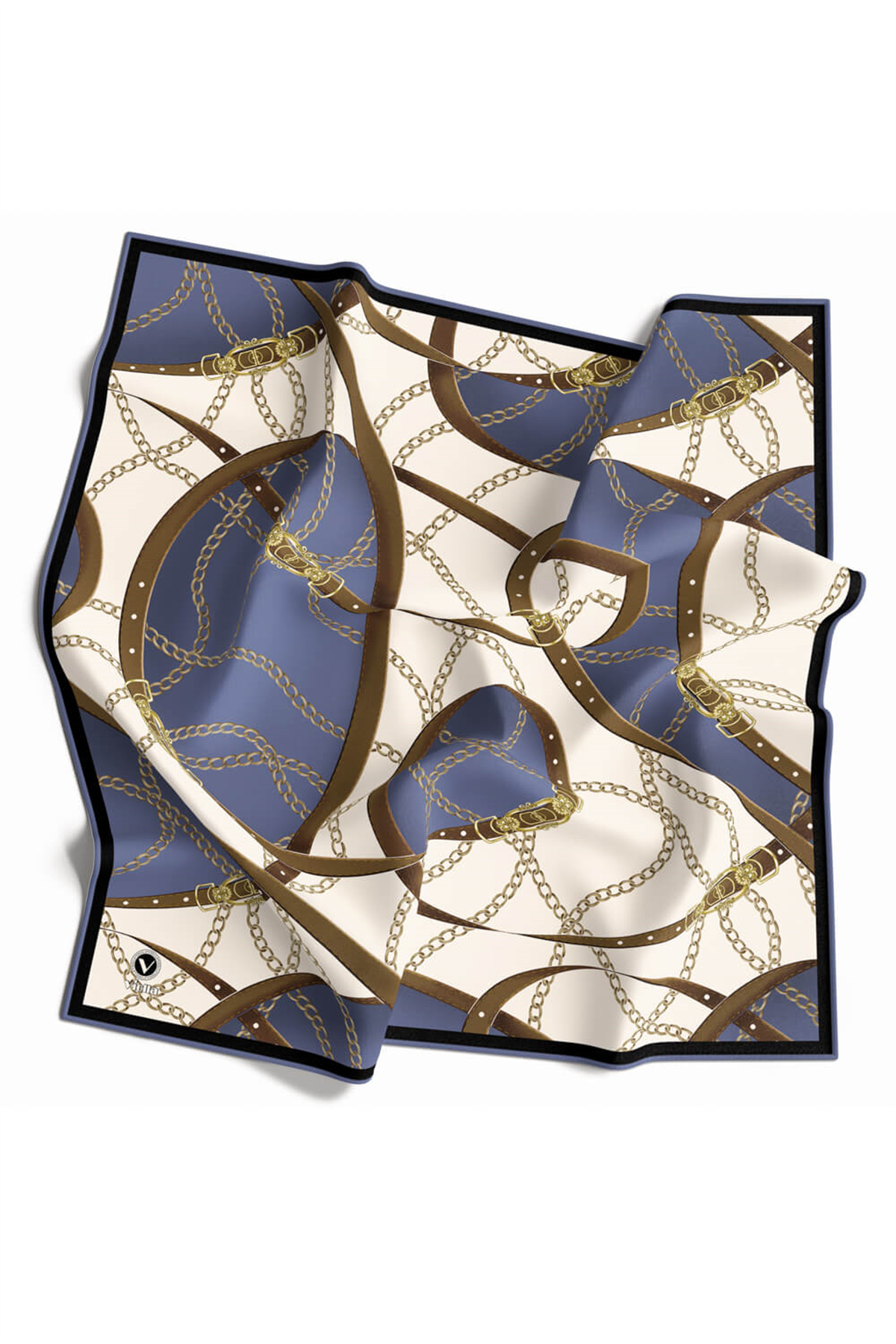Twill Kemer ve Zincir Desenli İndigo Renkli 90x90 Eşarp (İpek İçermez) Kenar Dikiş Şekli El Dikişli