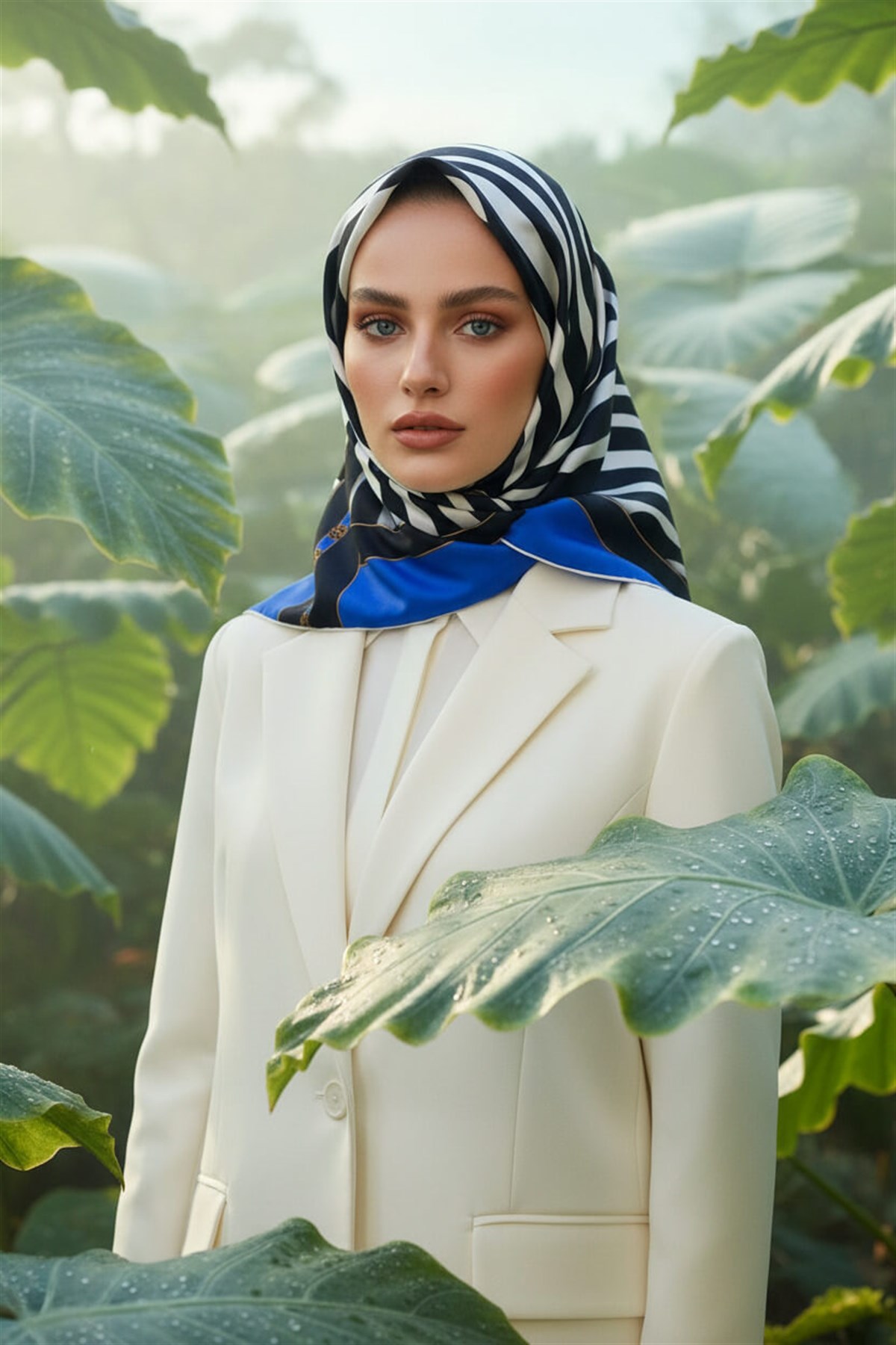%100 Twill İpek Zebra Desenli Saks - Lacivert  Renkli 90x90 Eşarp Kenar Dikiş Şekli El Dikişli