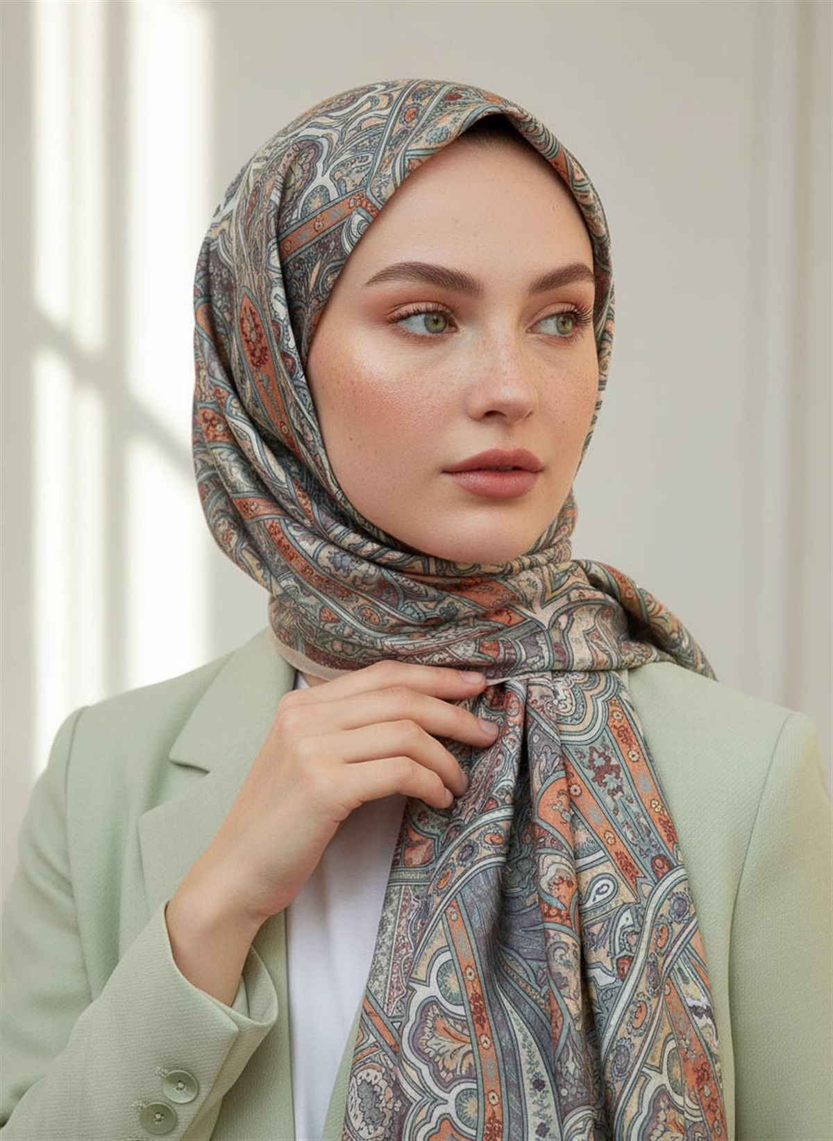 %100 Saf İpek Şal İnce Saten Vual Dokuma Etnik Desenli Sütlükahve Renkli 90x210 Şal