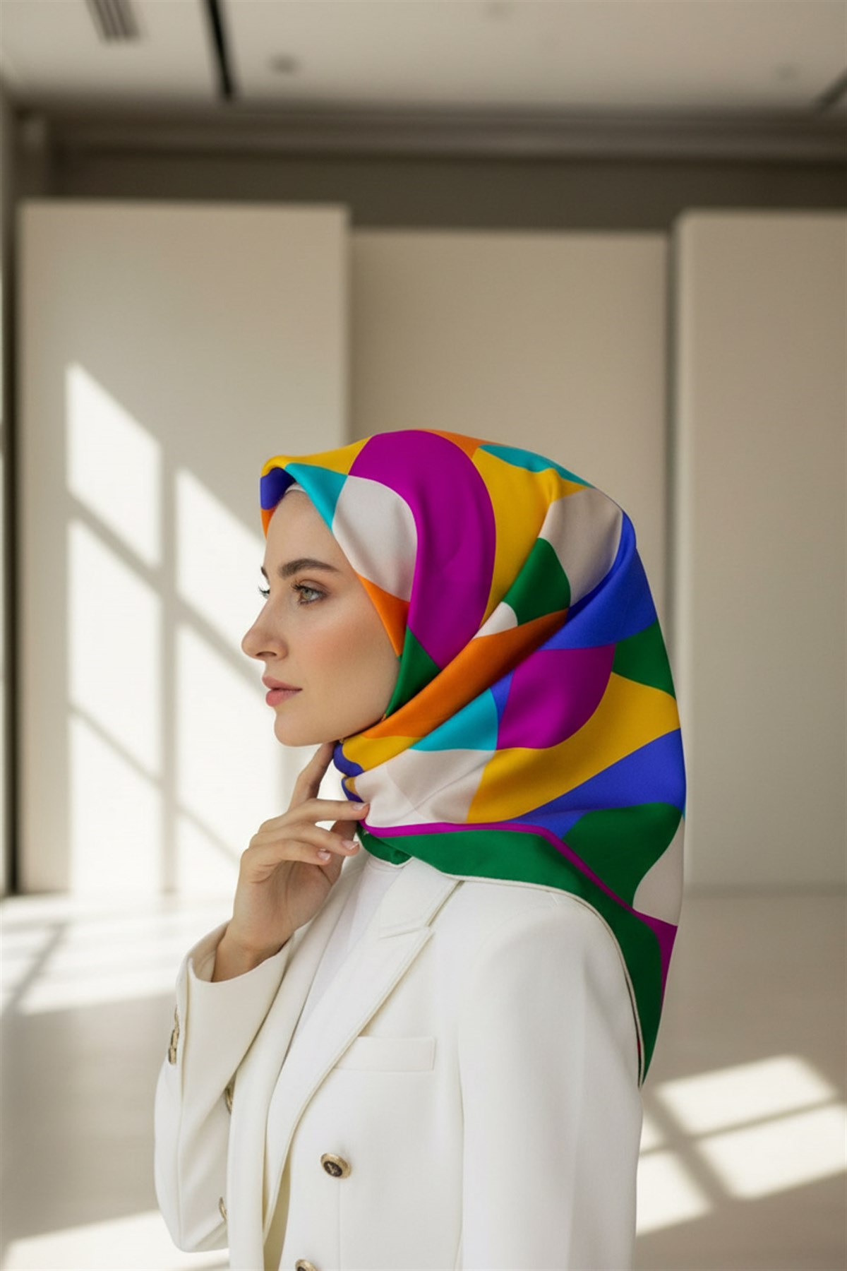 %100 Twill Renk Bloklu Çizgili Desenli Mor - Turuncu Renkli 90x90 Eşarp Dikim Şekli: El Dikişii