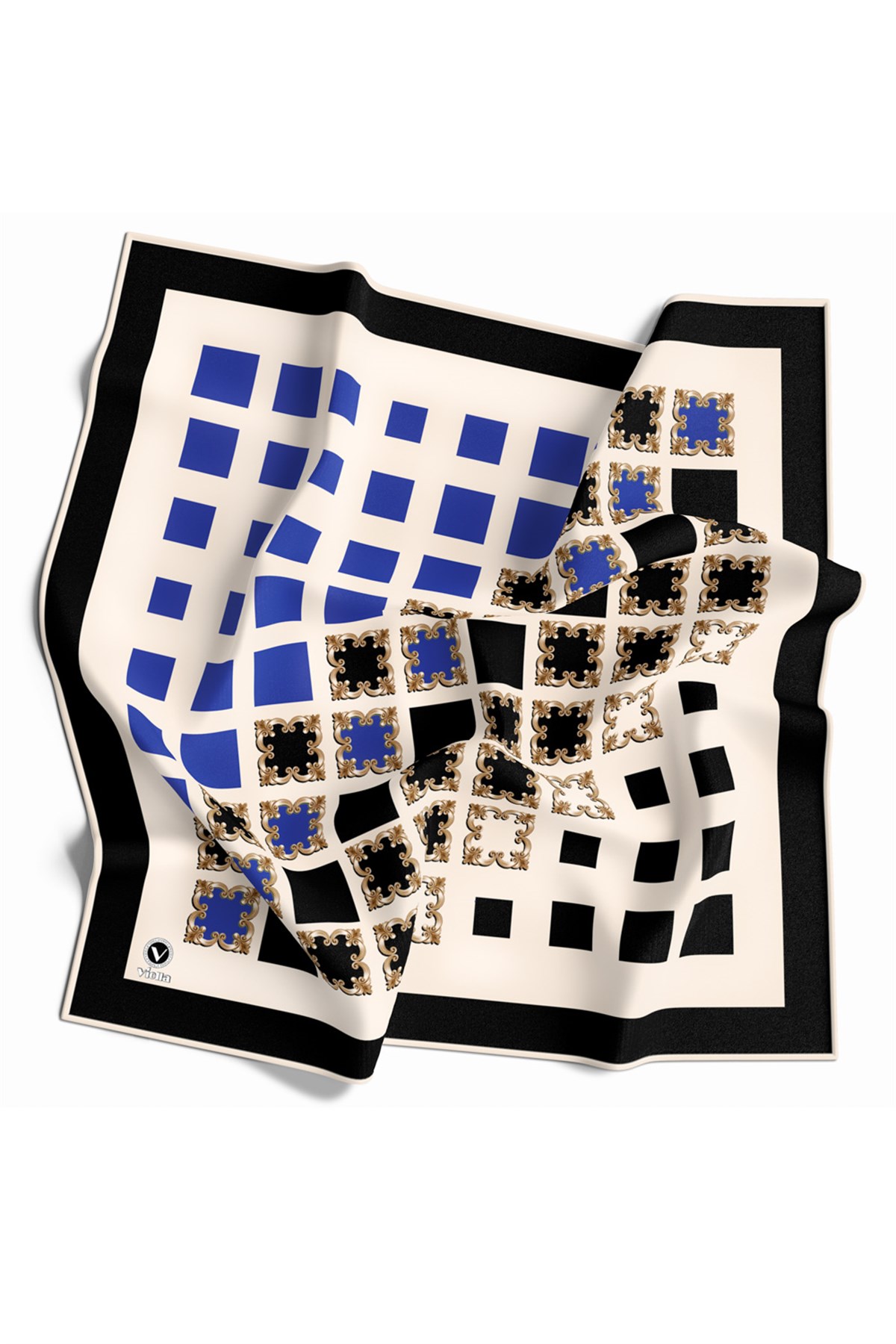 Twill Gold Detaylı Kare Desenli Saks Renkli 90x90 Eşarp (İpek İçermez) Kenar Dikiş Şekli El Dikişli