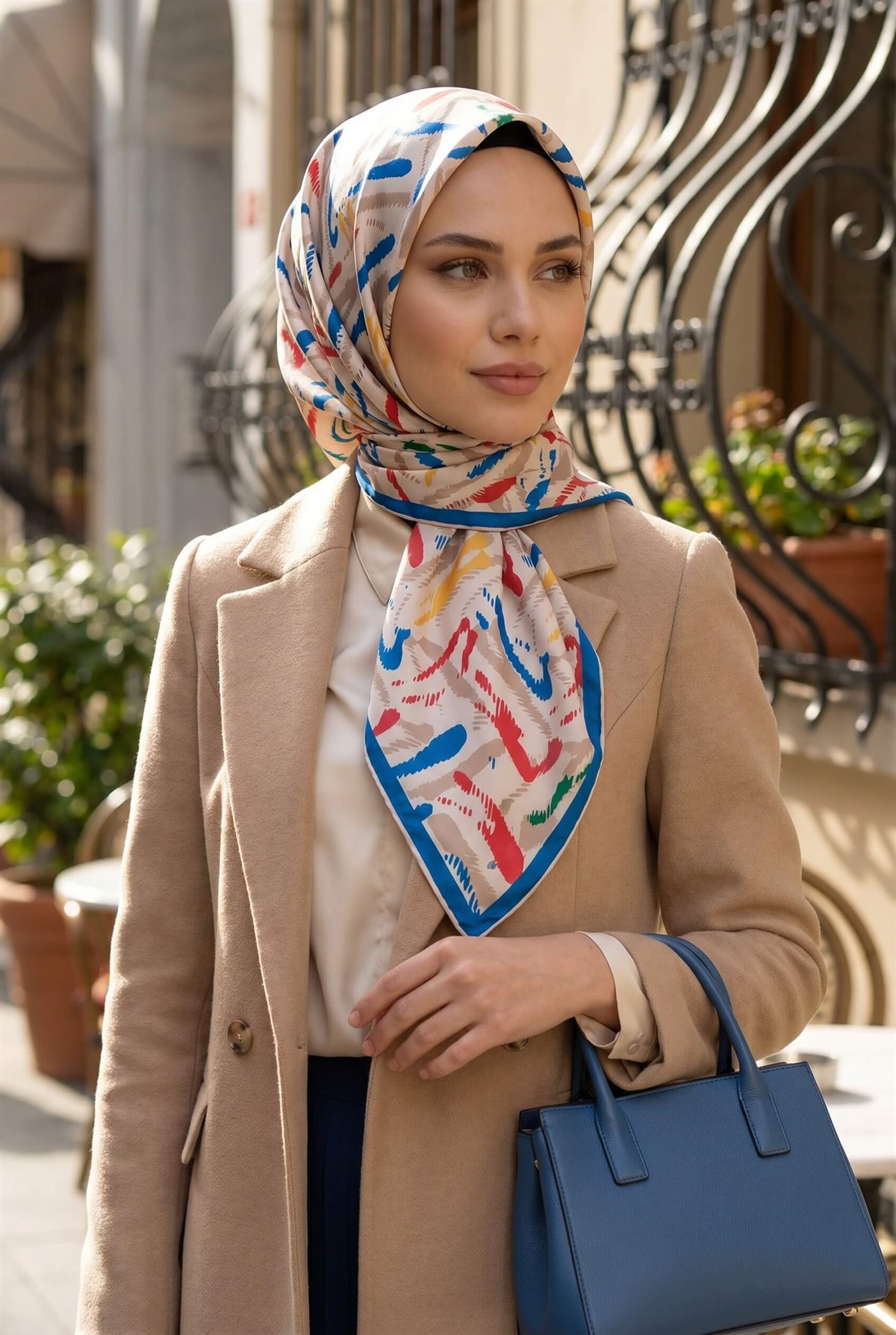 %100 Twill İpek Geometrik Desenli Nar Çiçeği - İndigo Renkli 90x90 Eşarp Dikim Şekli : El Dikişi
