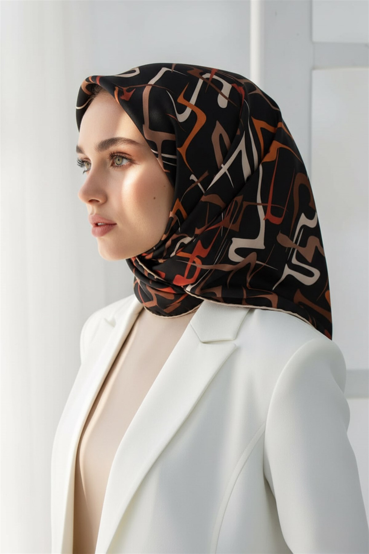 %100 Twill İpek Soyut Geometrik Desenli Taba - Sütlü Kahve Renkli 90x90 Eşarp Dikim Şekli : El Dikişi