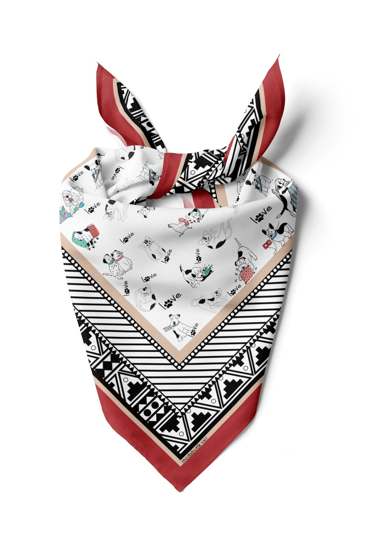 Violla Etnik Dog Desenli Kırmızı Siyah Köpek Bandanası DG5467 45x45