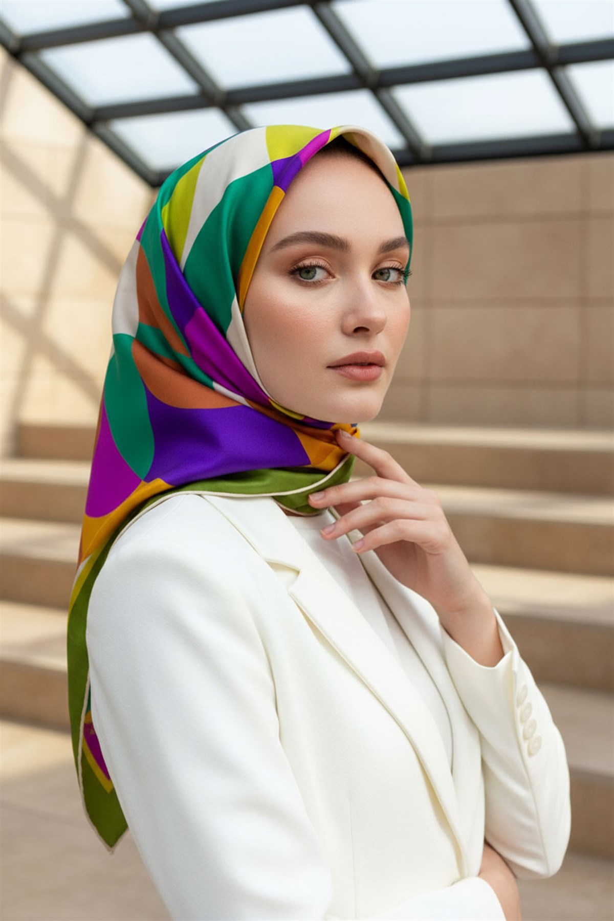 %100 Twill Renk Bloklu Çizgili Desenli Haki - Mor Renkli 90x90 Eşarp Dikim Şekli: El Dikişii