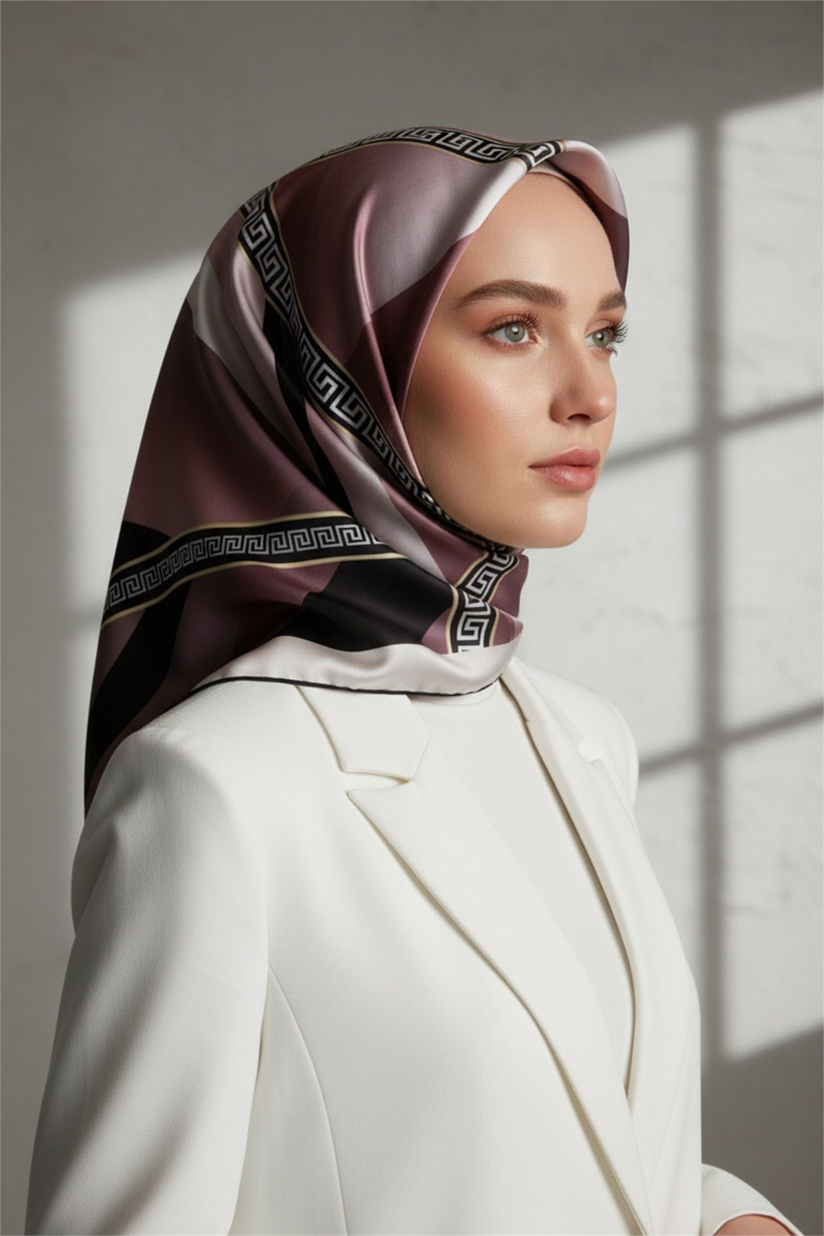 Kristal Geometrik Desenli Pudra Renkli 90x90 Dikim Şekli : El Dikişi Eşarp (İpek İçermez)