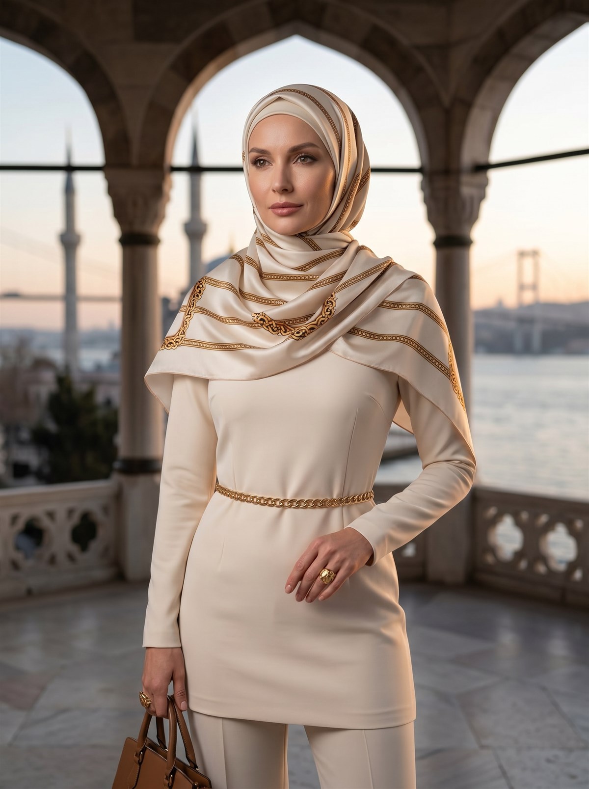 %100 Saf İpek Şal İnce Saten Vual Dokuma Kemer Desenli Krem - Gold Renkli 90x210 Şal