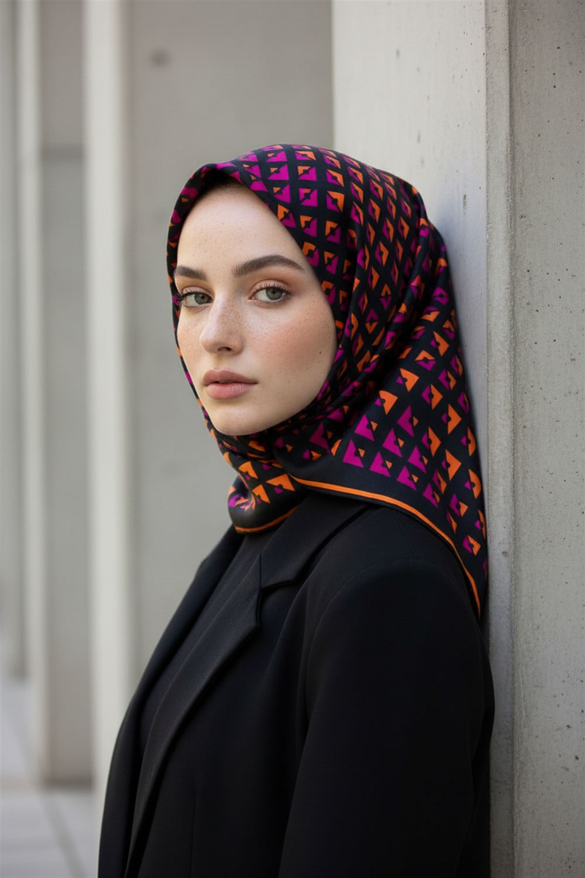 %100 Twill İpek Geometrik Desenli Fuşya - Turuncu Renkli 90x90 Eşarp Dikim Şekli : El Dikişi