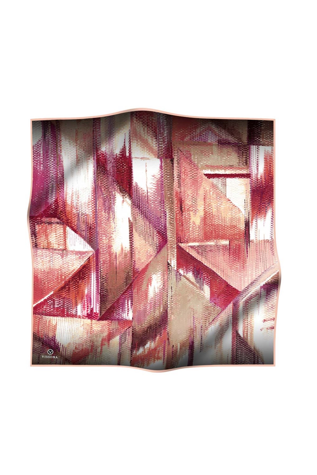 %100 Twill İpek Efektli ve Geometrik Desenli Somon - Pudra Renkli 90x90 Eşarp Dikim Şekli : El Dikişi