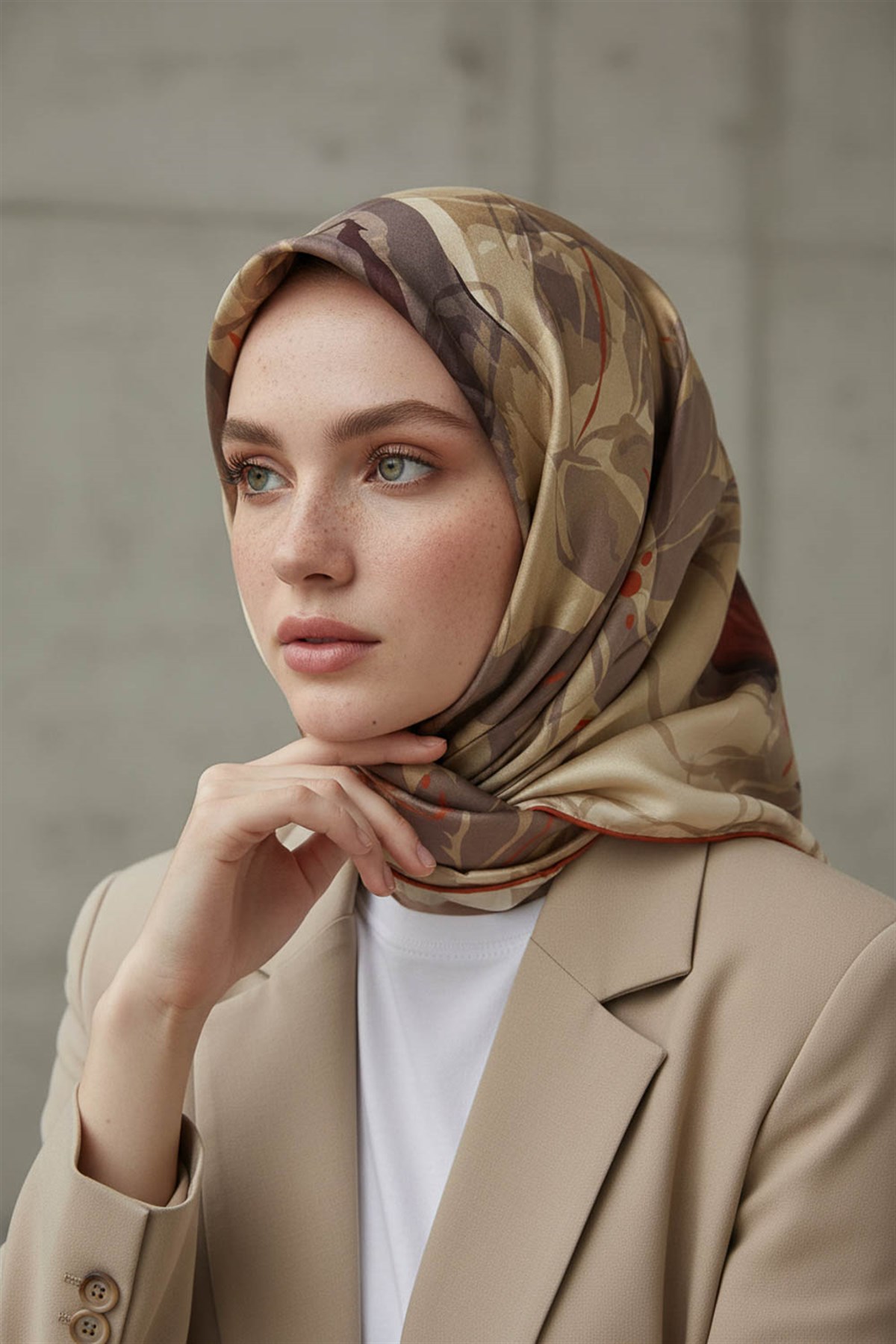 %100 Twill İpek Çiçekli Sulu Boya Dalga Desenli Bej - Taba Renkli 90x90 Eşarp Dikim Şekli : El Dikişi