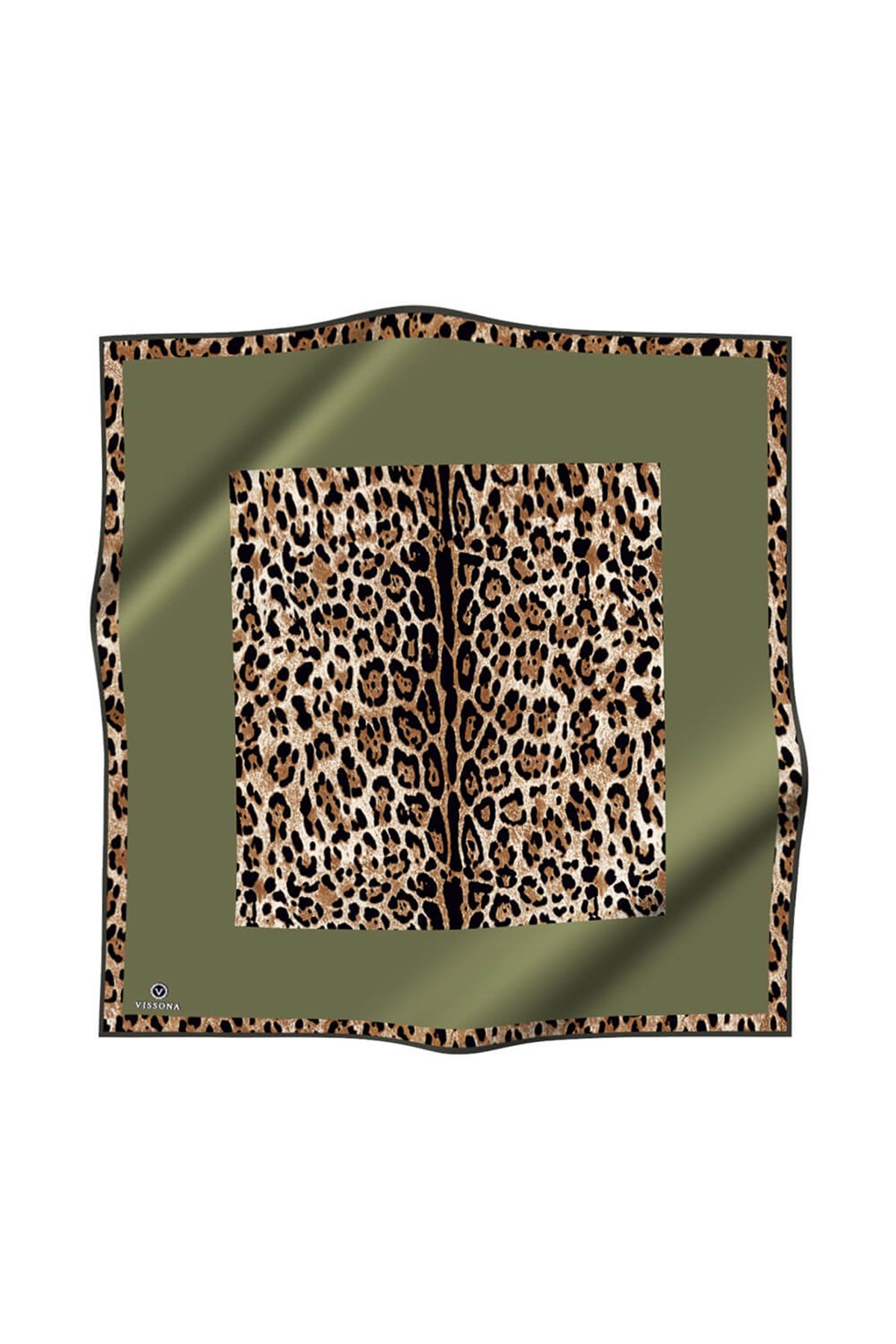 %100 Twill İpek Leopar Desenli Haki Renkli 90x90 Eşarp Dikim Şekli : El Dikişi