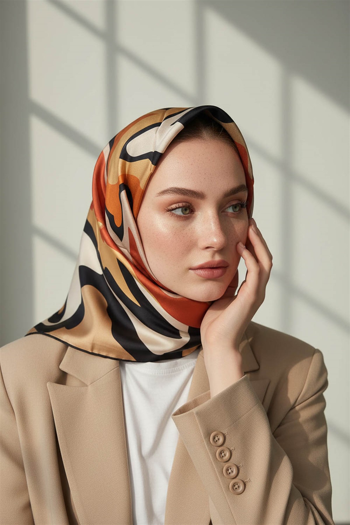100% Twill İpek Dalga Desenli Hardal - Taba Renkli 90x90 Dikim Şekli : El Dikişi Eşarp