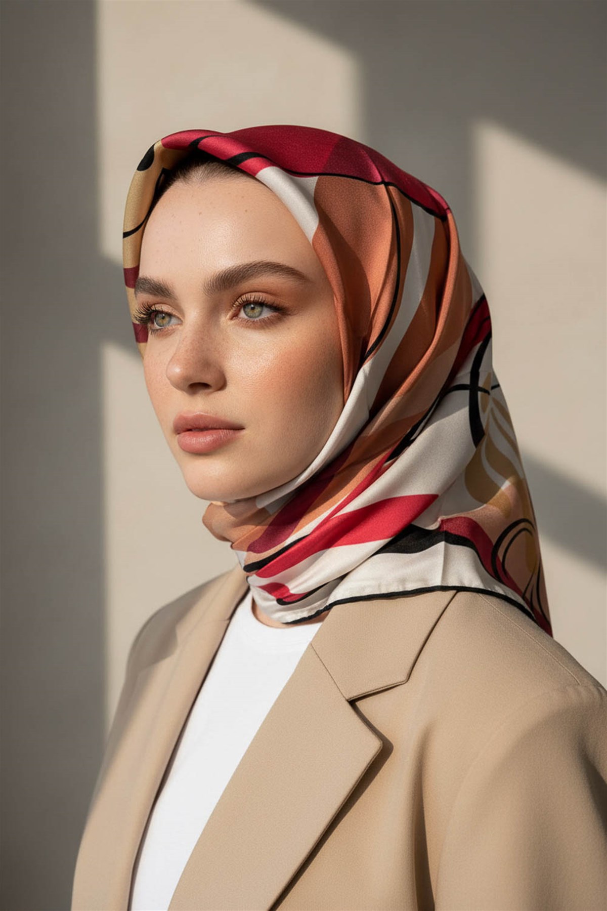 %100 Twill İpek Çiçek Desenli Bordo - Bej Renkli 90x90 Eşarp Dikim Şekli : El Dikişi