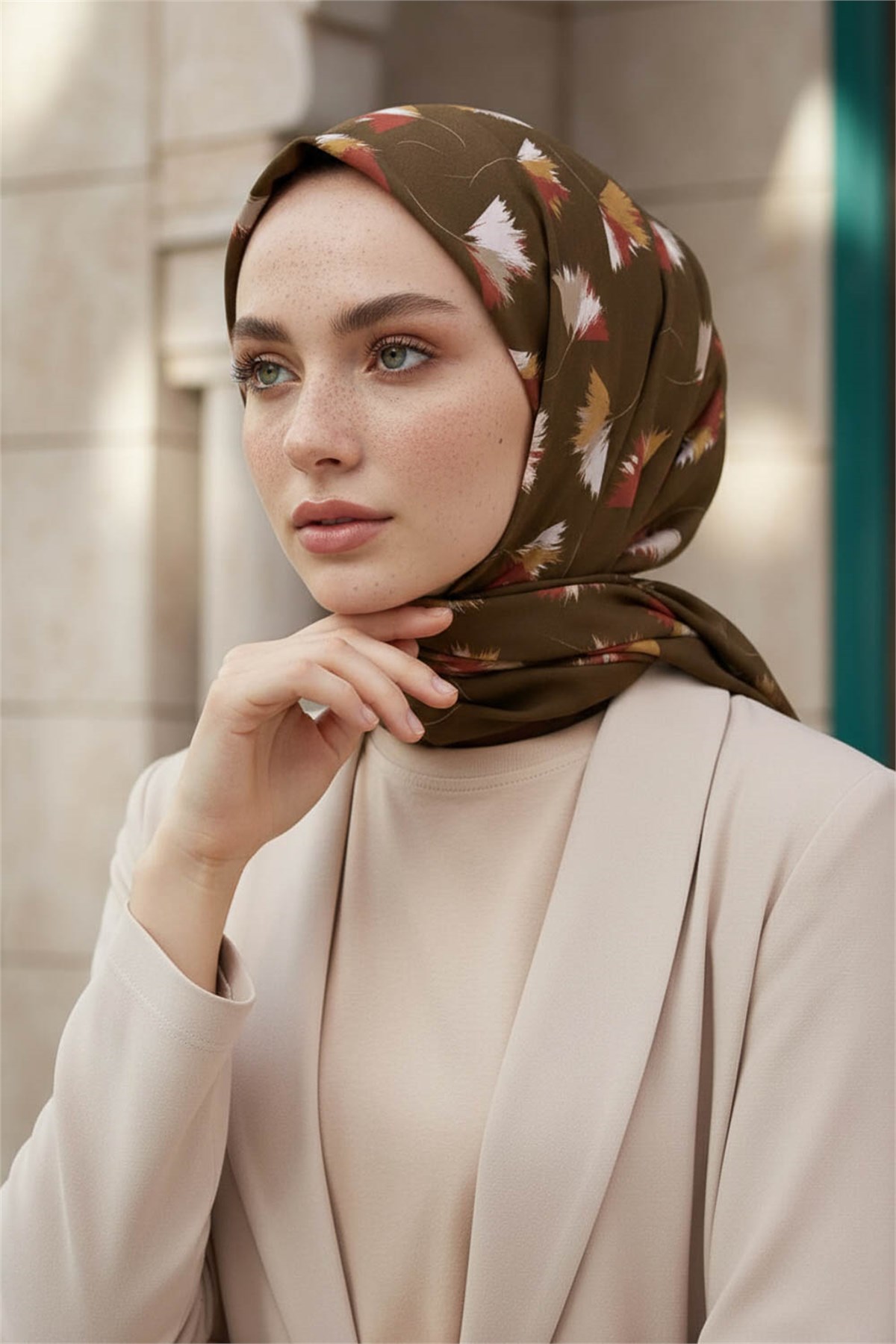 KREP YAPRAK DESENLİ KAHVERENGİ-1 RENKLİ 75X195 KIRIŞMAZ ŞAL