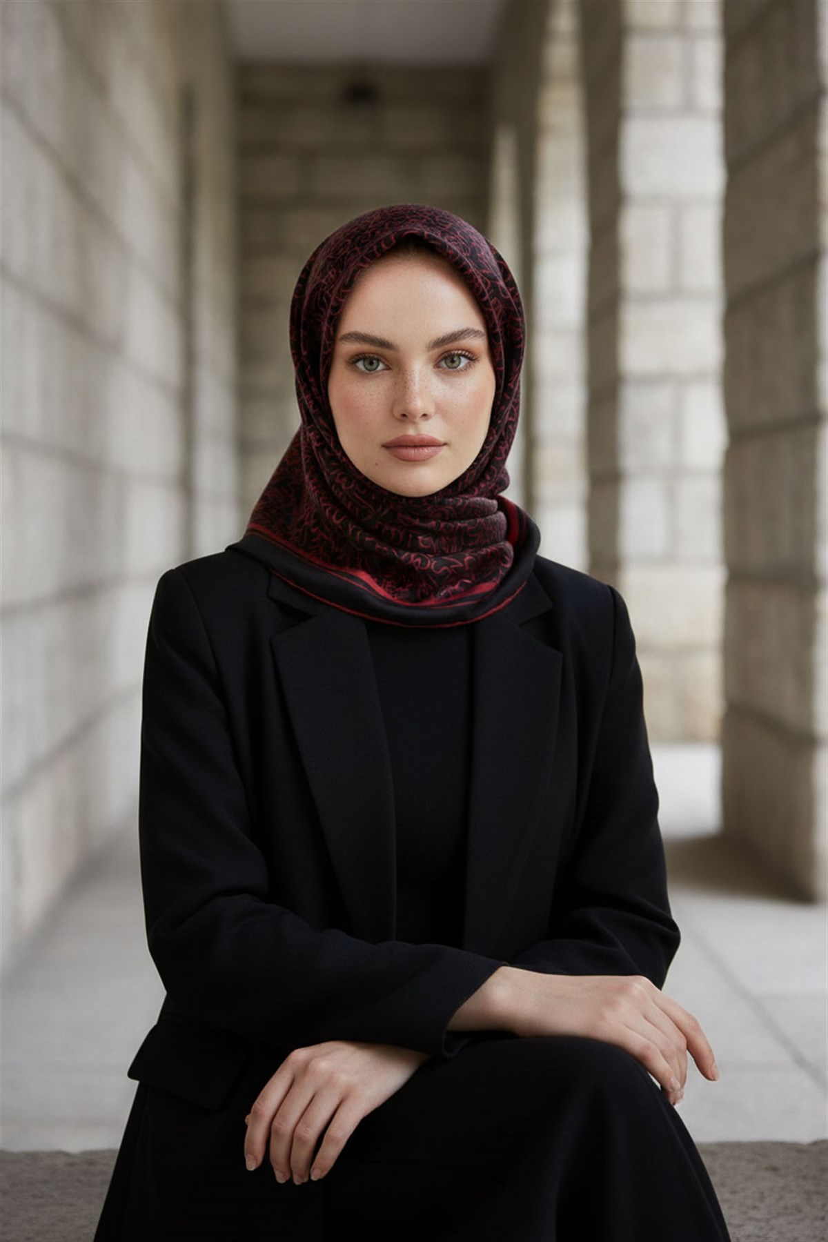 %100 Twill İpek Harf Desenli Siyah - Kırmızı Renkli 90x90 Eşarp Dikim Şekli : El Dikişi