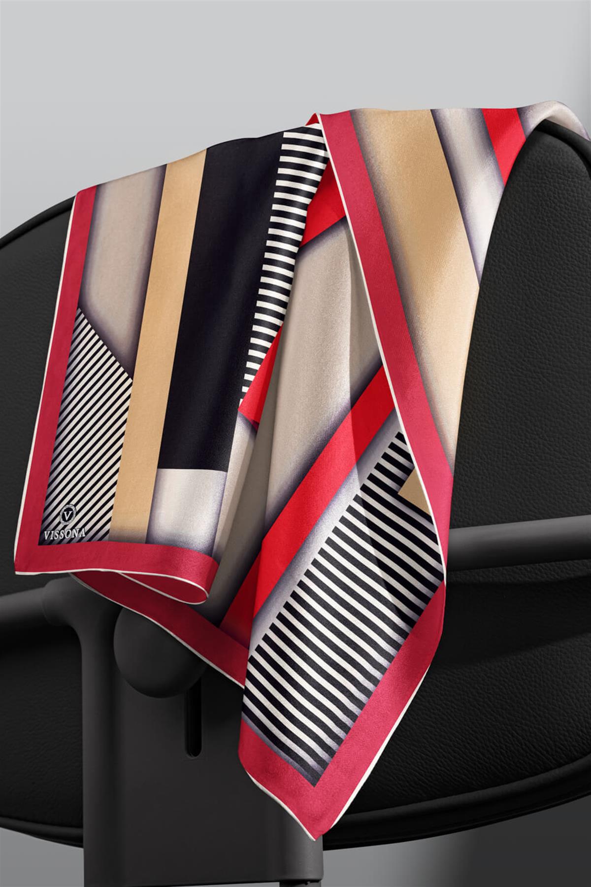 %100 Twill Renk Bloklu Çizgili Desenli Kırmızı - Bej Renkli 90x90 Eşarp Dikim Şekli: El Dikişii