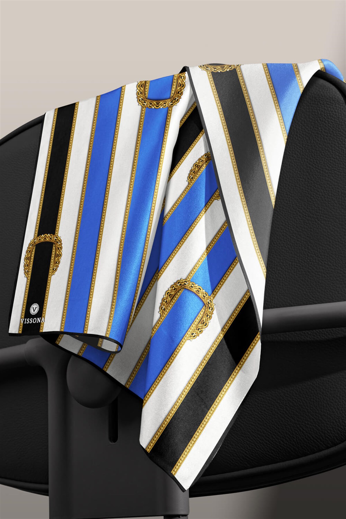 %100 Twill İpek Kemer Desenli Siyah - Saks Renkli 90x90 Eşarp Dikim Şekli : El Dikişi