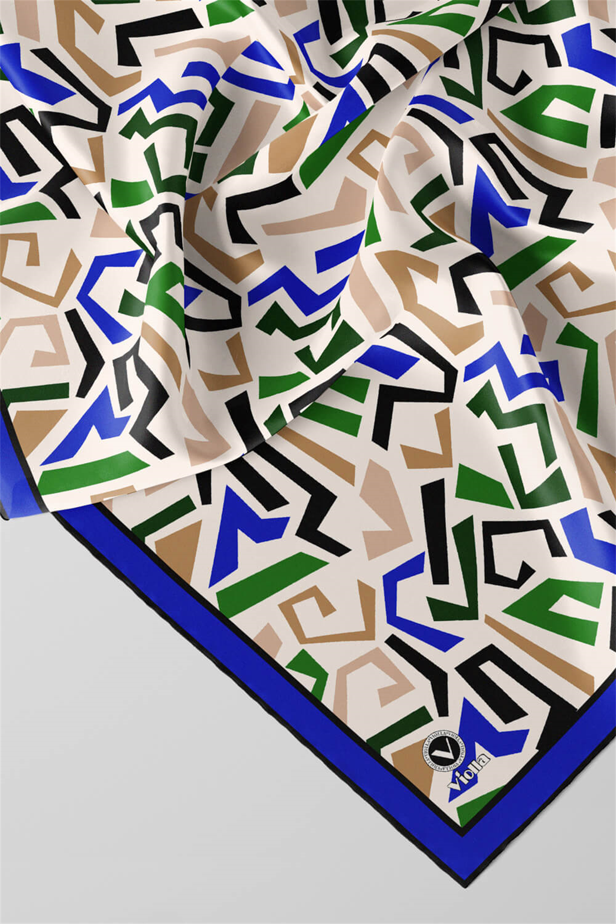 Twill Geometrik Desenli Saks Renkli 90x90 Eşarp (İpek İçermez) Kenar Dikiş Şekli El Dikişli