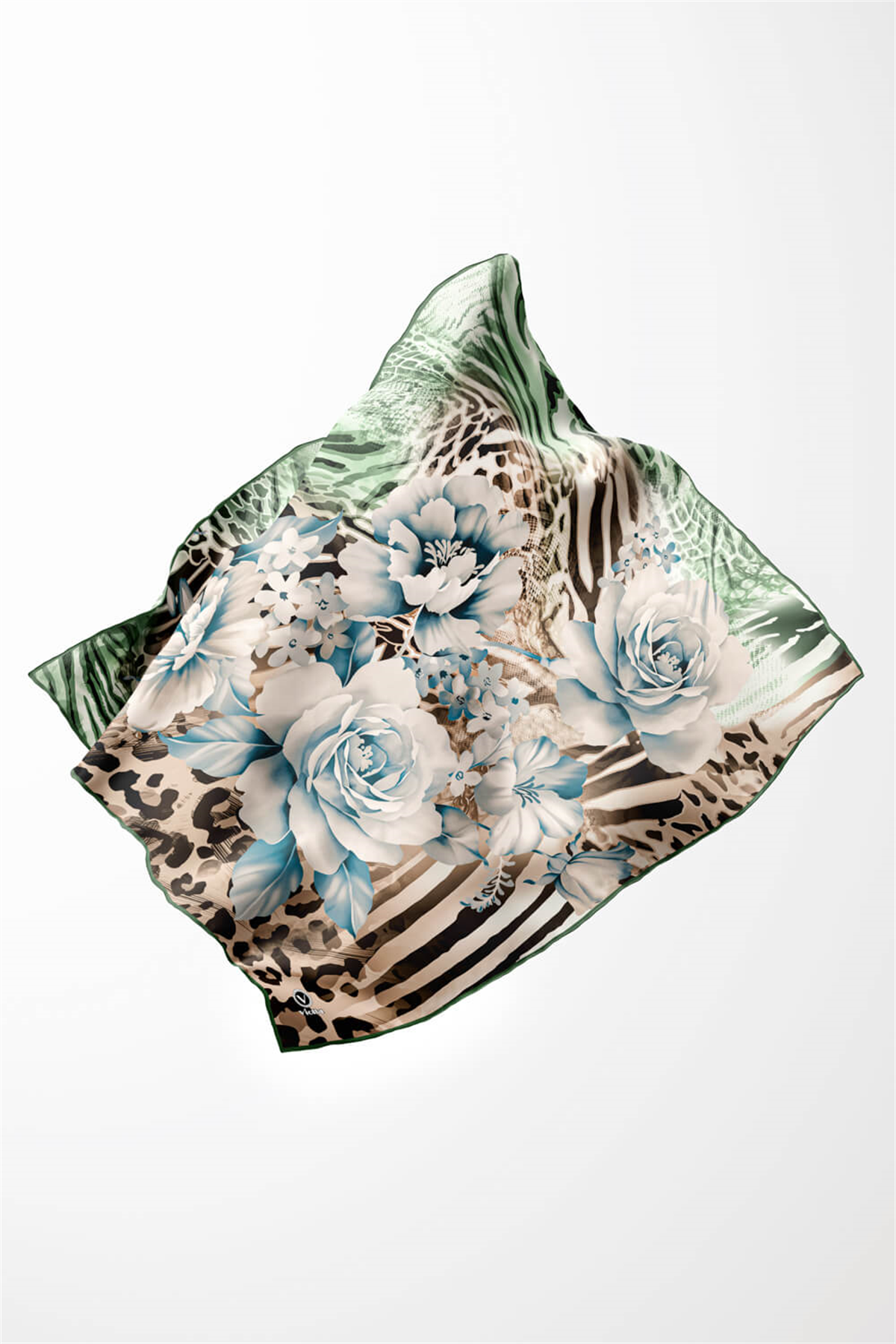 Twill Renkli Şerit Desenli Mint Yeşili - Bej Renkli 90x90 Eşarp (İpek İçermez) Kenar Dikiş Şekli El Dikişli