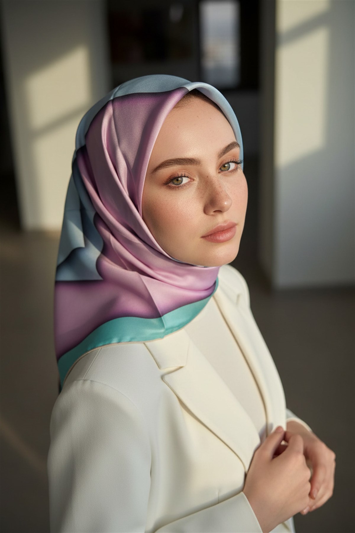 %100 Twill Renk Bloklu Çizgili Desenli Pudra - Bebe Mavisi Renkli 90x90 Eşarp Dikim Şekli: El Dikişii