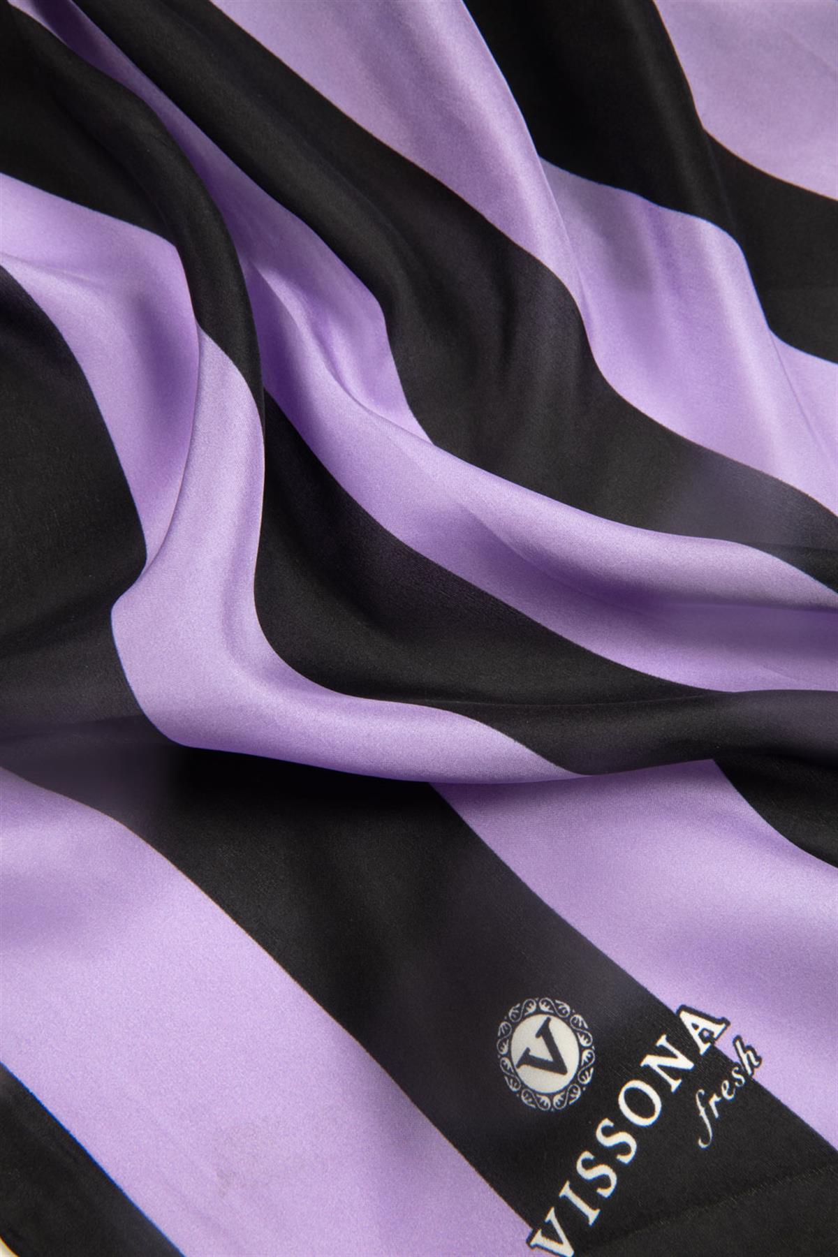 %100 İpek Şerit Ve Varak Desenli Mor - Lila Renkli 92x210 Şal