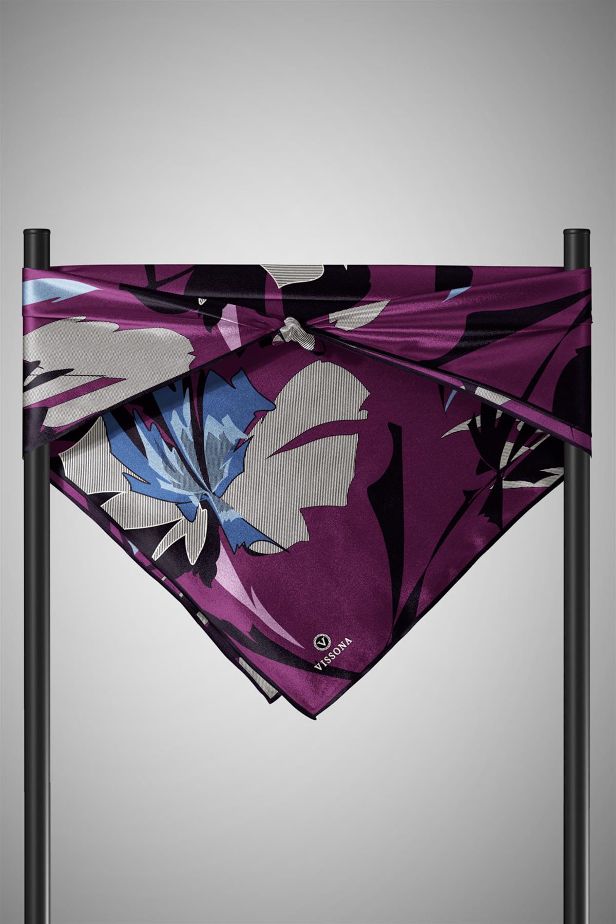 %100 Twill İpek Çiçek Desenli Mürdüm - Siyah Renkli 90x90 Eşarp Dikim Şekli : El Dikişi