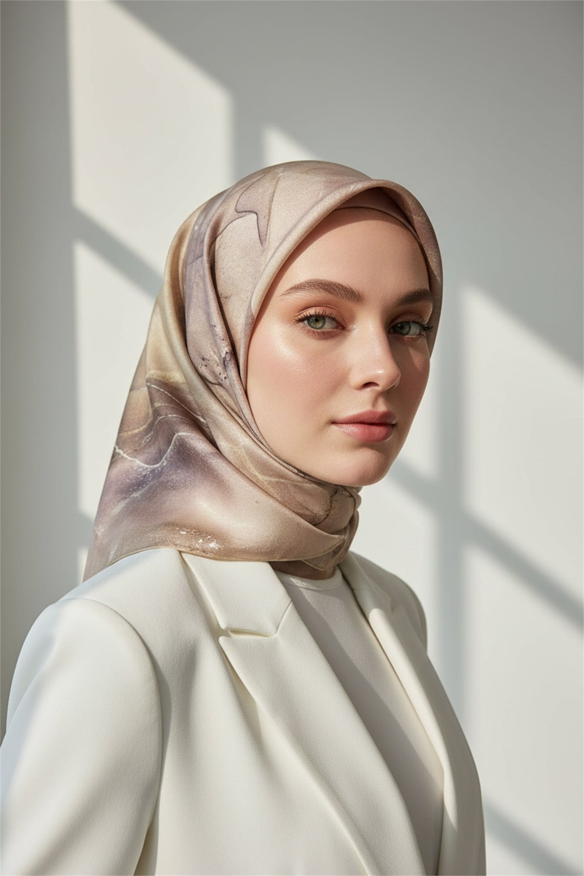 %100 Twill İpek Eşarp 90x90 Mermer Desenli El Dikişli Kadın Eşarp