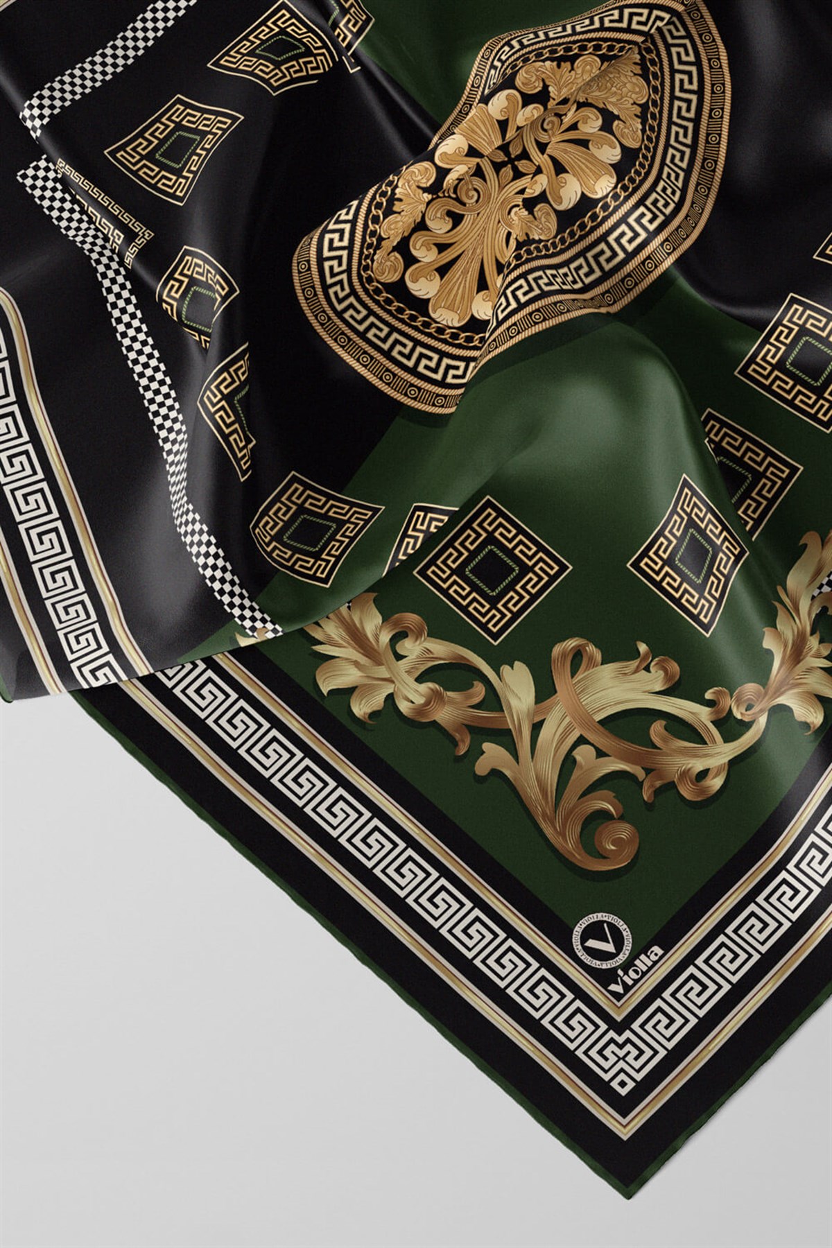 Twill Barok Desenli Zümrüt Yeşili Renkli 90x90 Eşarp (İpek İçermez) Kenar Dikiş Şekli El Dikişli