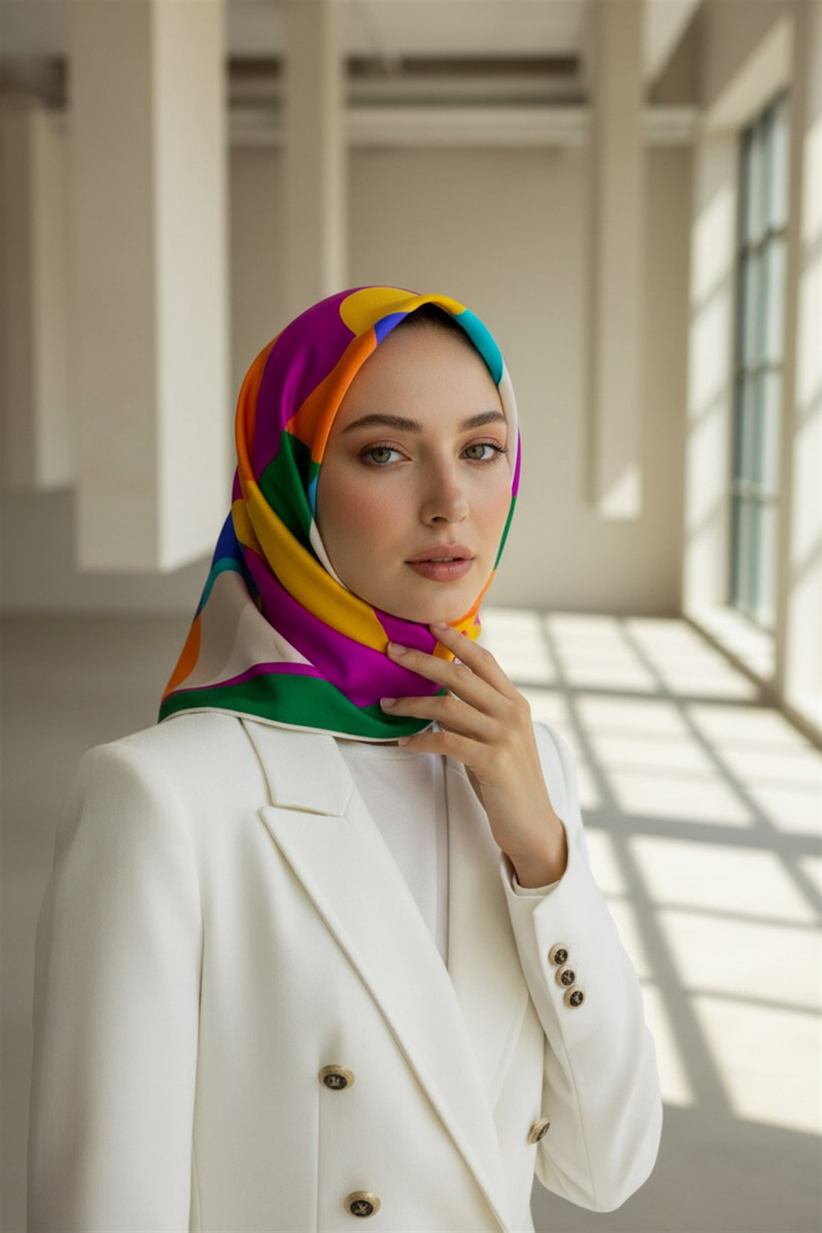%100 Twill Renk Bloklu Çizgili Desenli Zümrüt Yeşili - Taba Renkli 90x90 Eşarp Dikim Şekli: El Dikişii