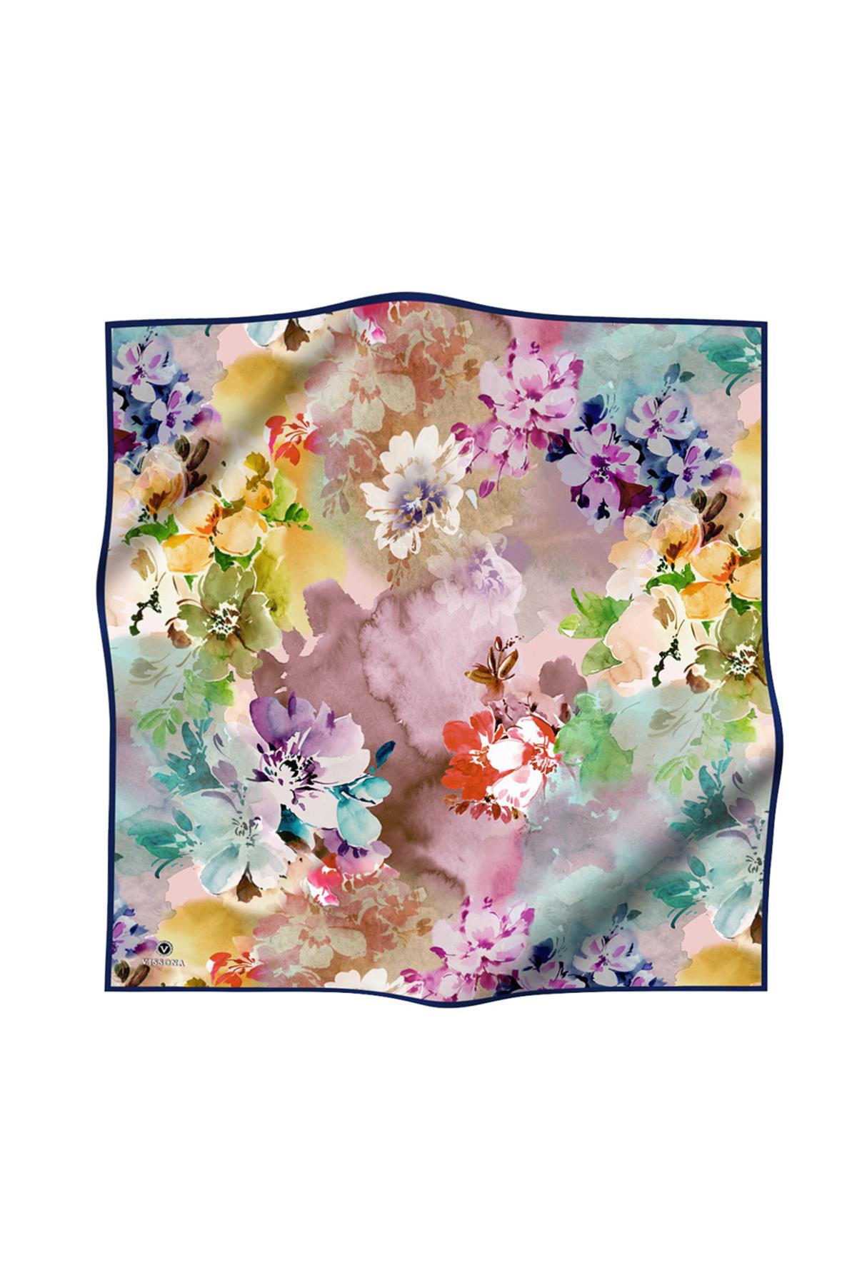 %100 Twill İpek Çiçek  Desenli Lacivert Renkli 90x90 Eşarp Dikim Şekli : El Dikişi