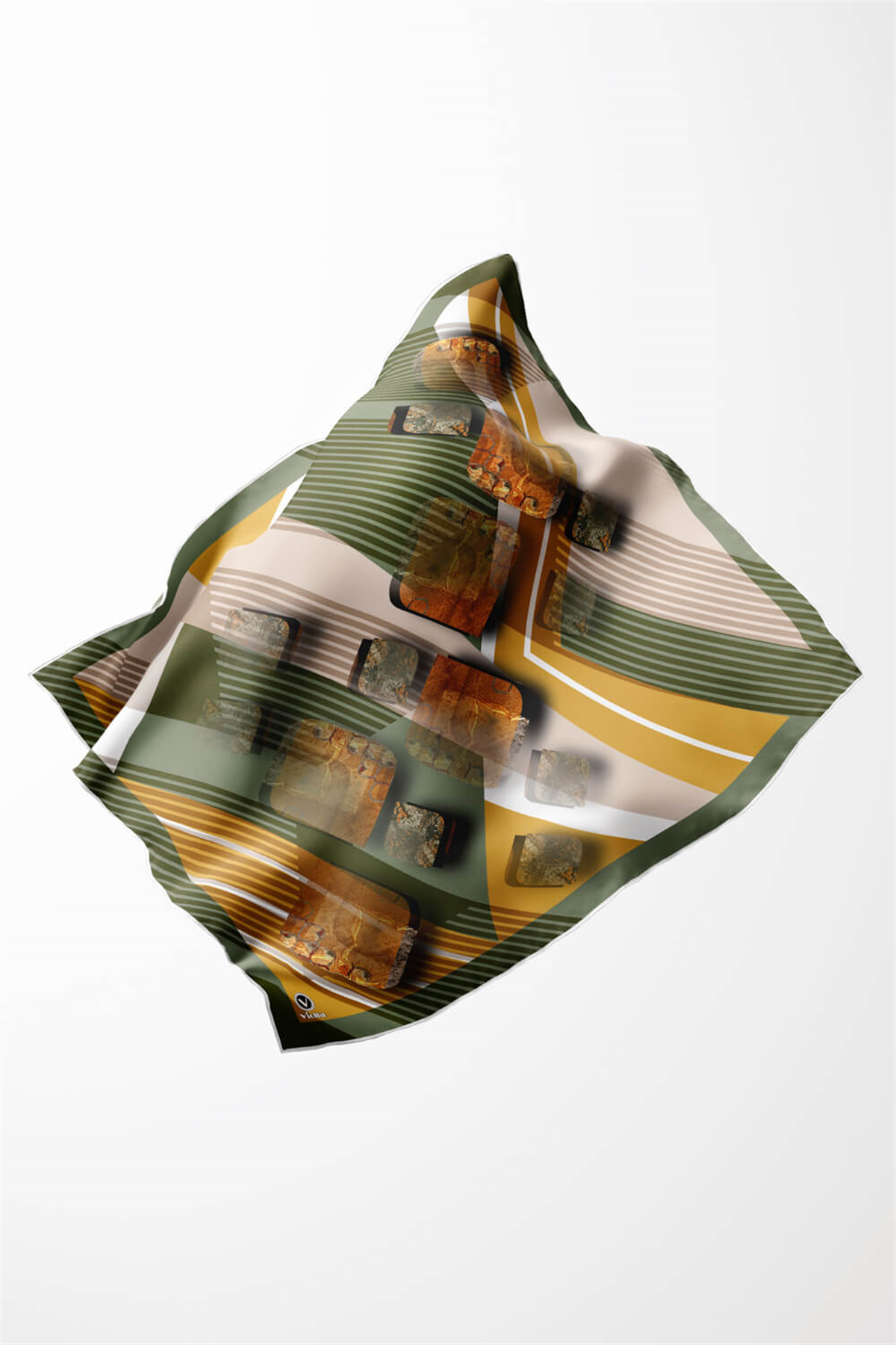 Twill Çizgili ve Geometrik Desenli Haki Renkli 90x90 Eşarp (İpek İçermez) Kenar Dikiş Şekli El Dikişli