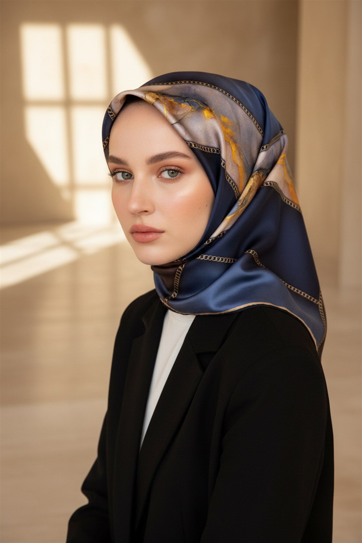 % 57 İPEK % 43 VİSKON Twill İpek Efektli Bant Desenli İndigo - Lacivert Renkli 90x90 Eşarp Dikim Şekli : El Dikişi
