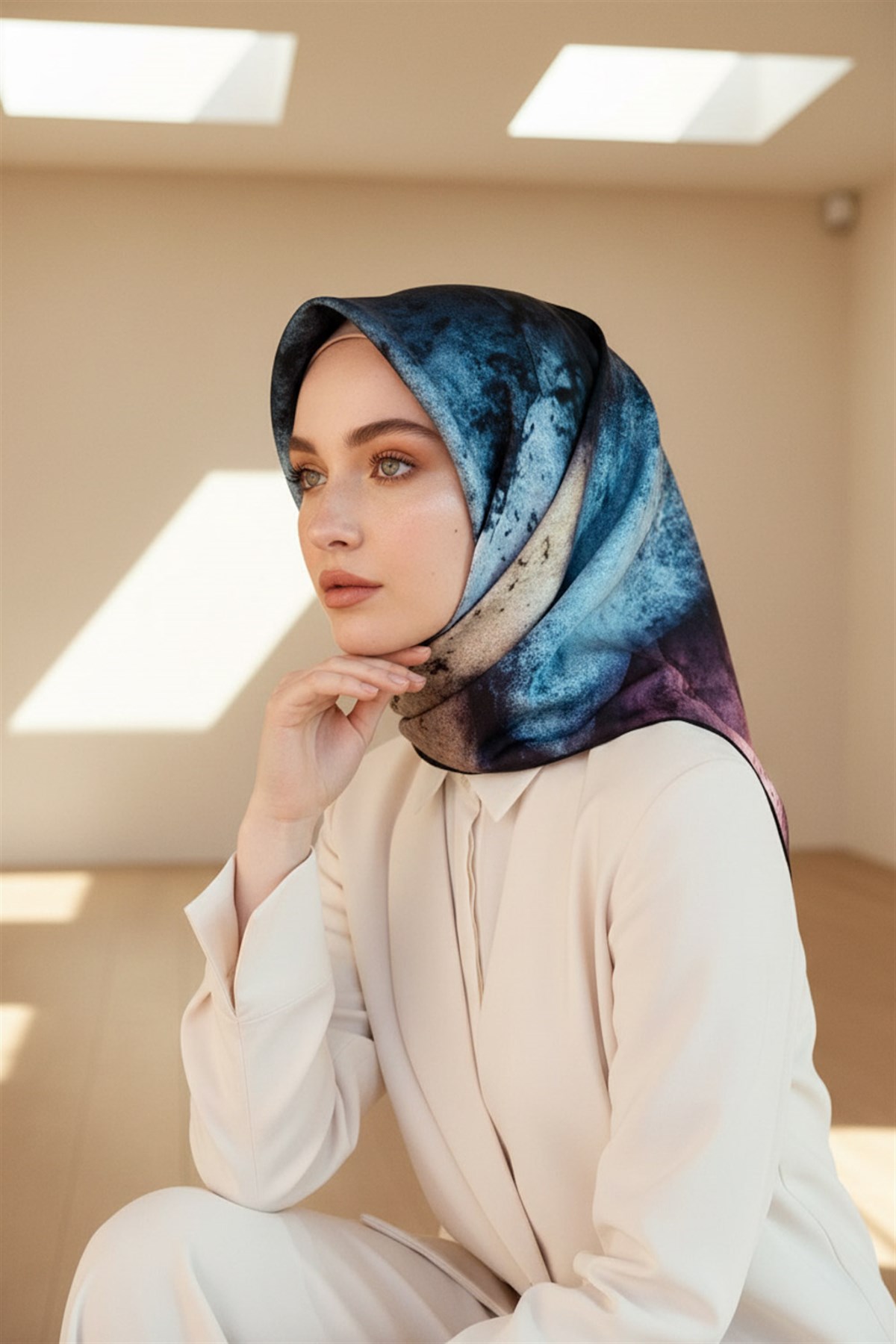 % 57 İPEK % 43 VİSKON Twill İpek Dokulu Ve Geometrik Desenli Mint Yeşili - Lila Renkli 90x90 Eşarp Dikim Şekli : El Dikişi
