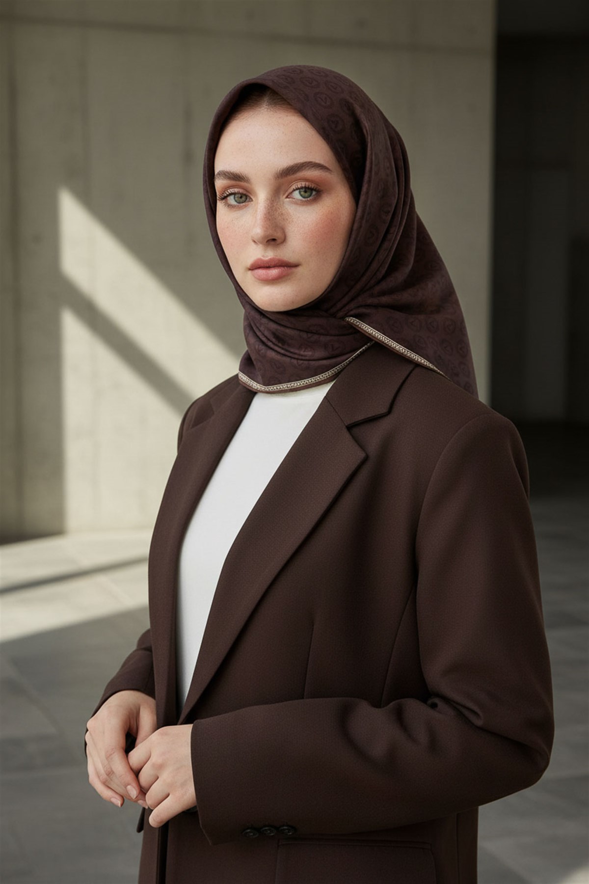 %100 Twill İpek Monogram Desenli Kahverengi Renkli 90x90 Eşarp Dikim Şekli : El Dikişi