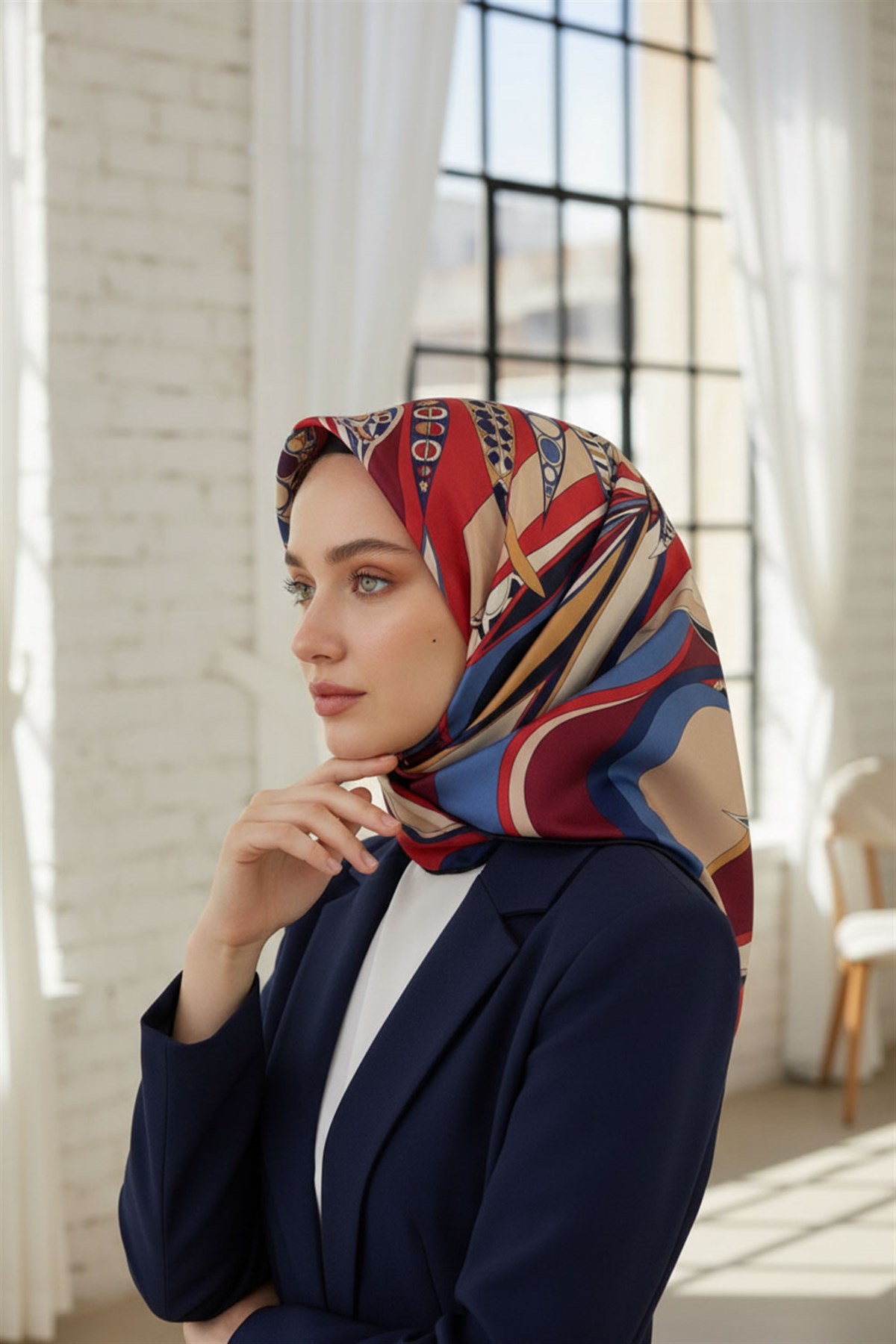 100% Twill Etnik Yaprak Desenli Bordo - Lacivert Renkli 90x90 Dikim Şekli : El Dikişi Eşarp