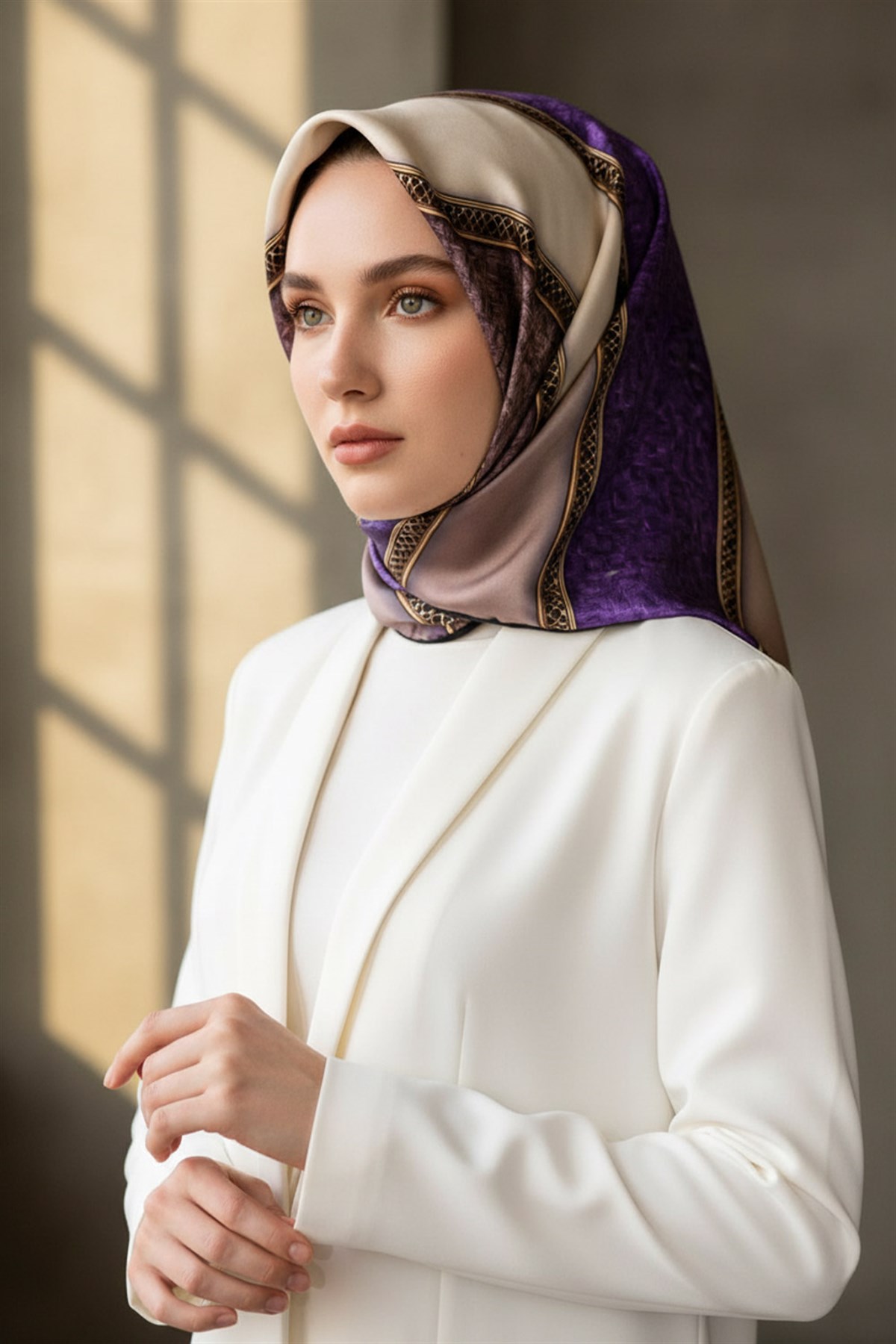 %100 Twill İpek Dokulu Ve Şerit Desenli Mor - Somon Renkli 90x90 Eşarp Dikim Şekli : El Dikişi