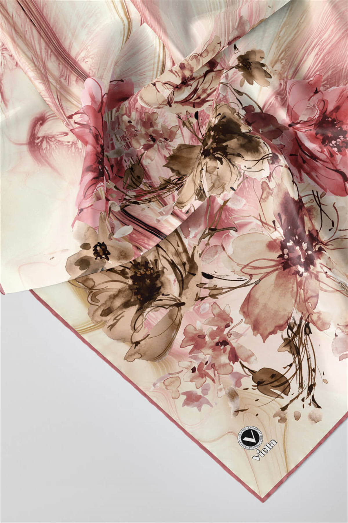 Twill Çiçek Desenli Pudra Renkli 90x90 Eşarp (İpek İçermez) Kenar Dikiş Şekli El Dikişli