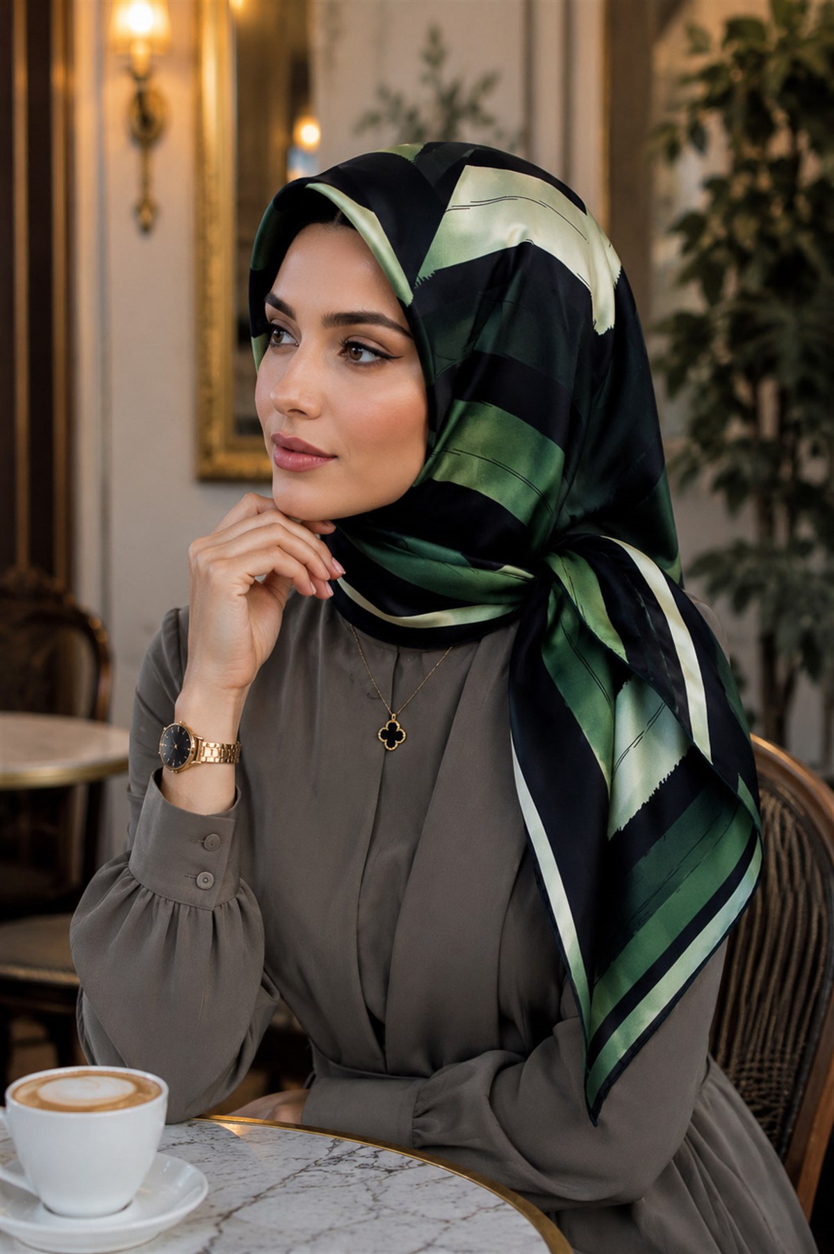 %57 İPEK %43 VİSKON Twill İpek Geometrik Fırça İzi Desenli Siyah - Zümrüt Yeşili Renkli 90x90 Eşarp Dikim Şekli : El Dikişi