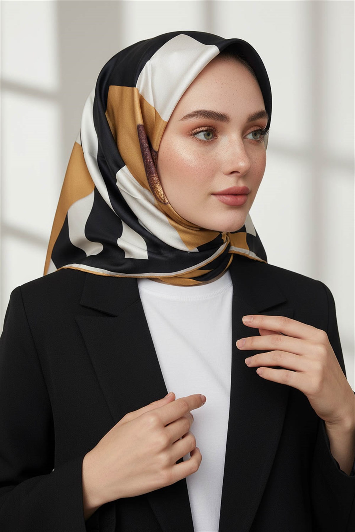 %100 Twill İpek Karo Desenli Gold - Siyah Renkli 90x90 Eşarp Dikim Şekli : El Dikişi