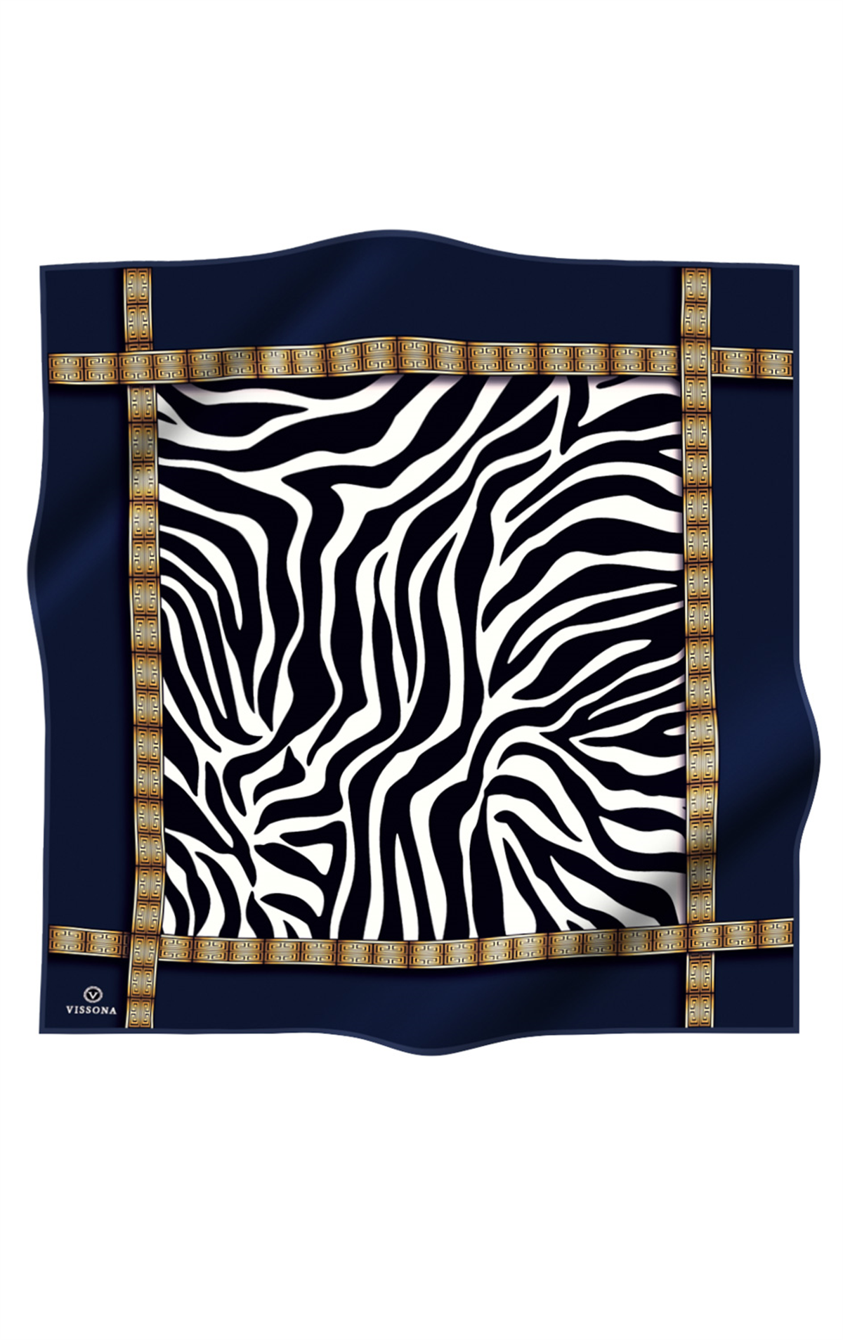 % 57 İPEK % 43 VİSKON Twill İpek Zebra Desenli Lacivert - Gold Renkli 90x90 Eşarp Dikim Şekli : El Dikişi