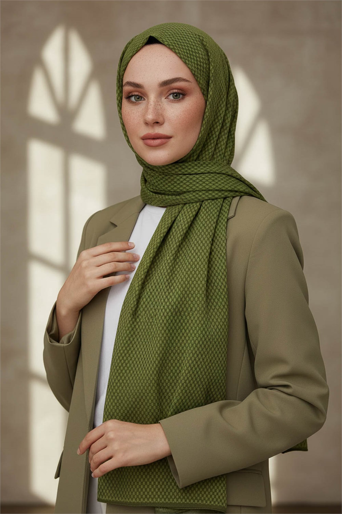 KREP HASIR DESENLİ HAKİ RENKLİ 75X195 KIRIŞMAZ ŞAL