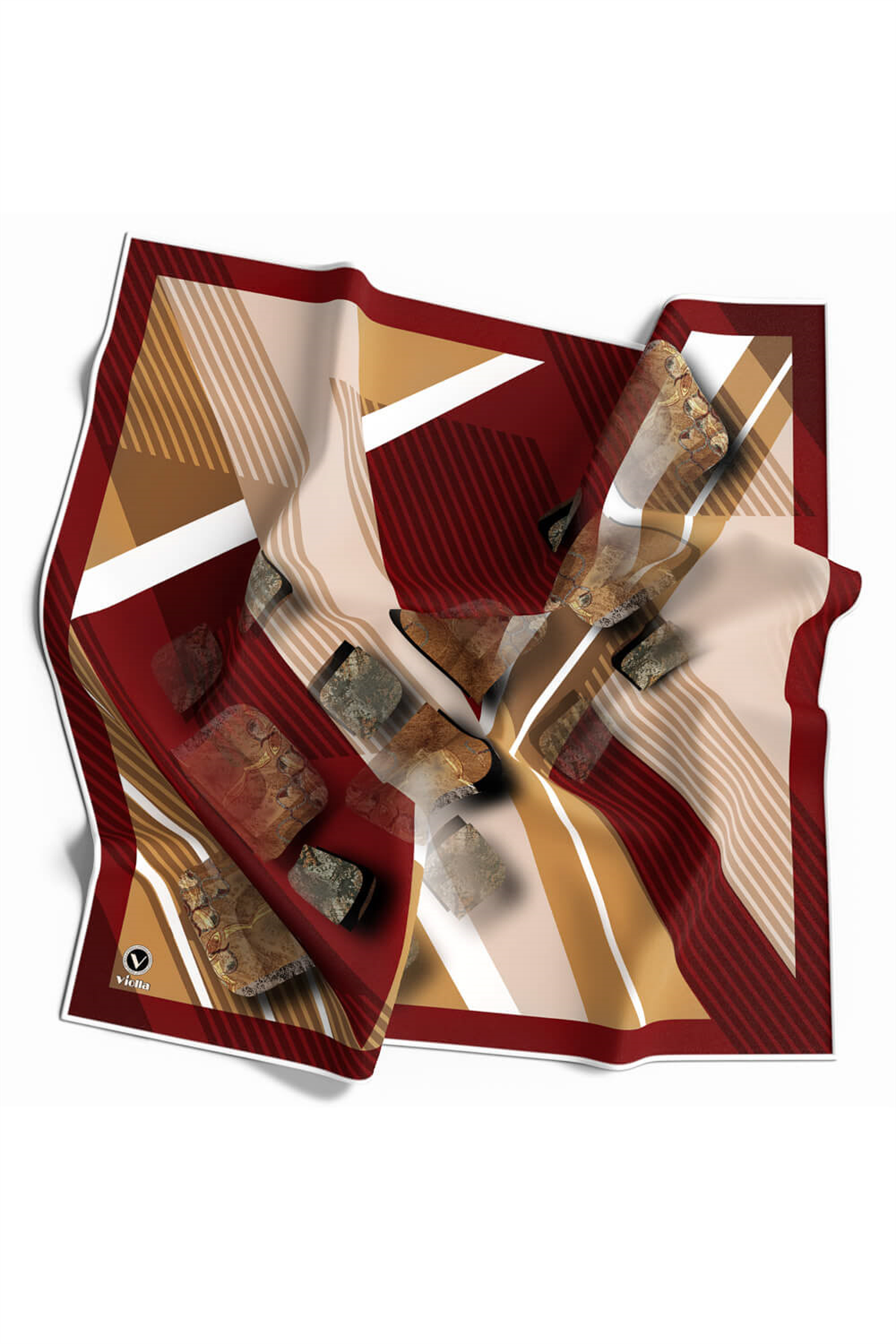Twill Çizgili ve Geometrik Desenli Bordo Renkli 90x90 Eşarp (İpek İçermez) Kenar Dikiş Şekli El Dikişli
