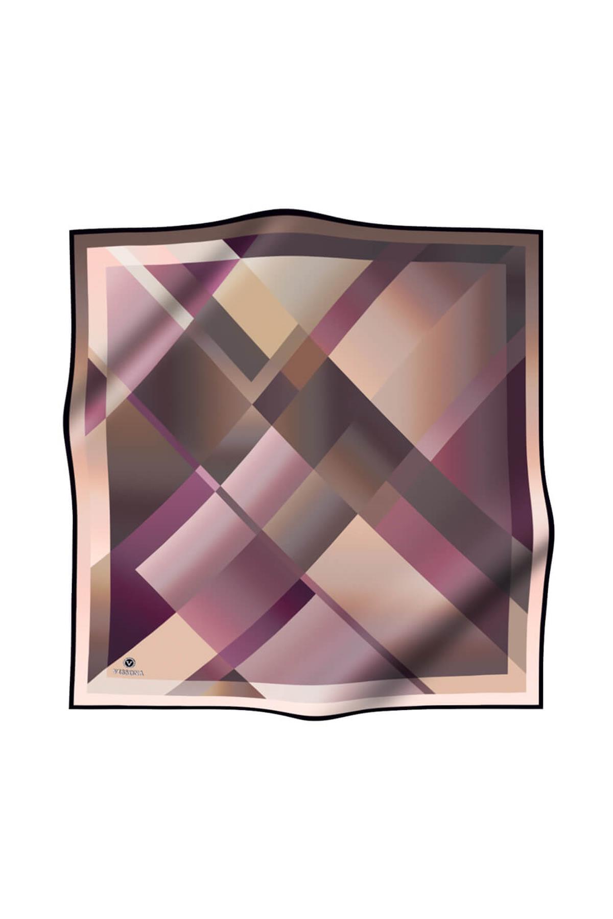 %100 Twill İpek Geometrik Desenli Bej - Gül Kurusu Renkli 90x90 Eşarp Dikim Şekli : El Dikişi